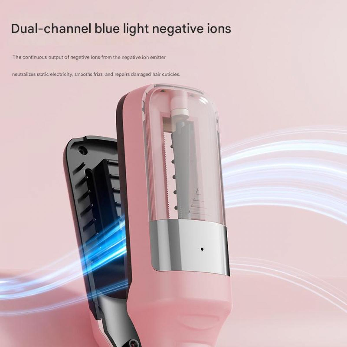 Ein pinker Haarglätter mit blauen Lichtern und einem transparenten Aufsatz.