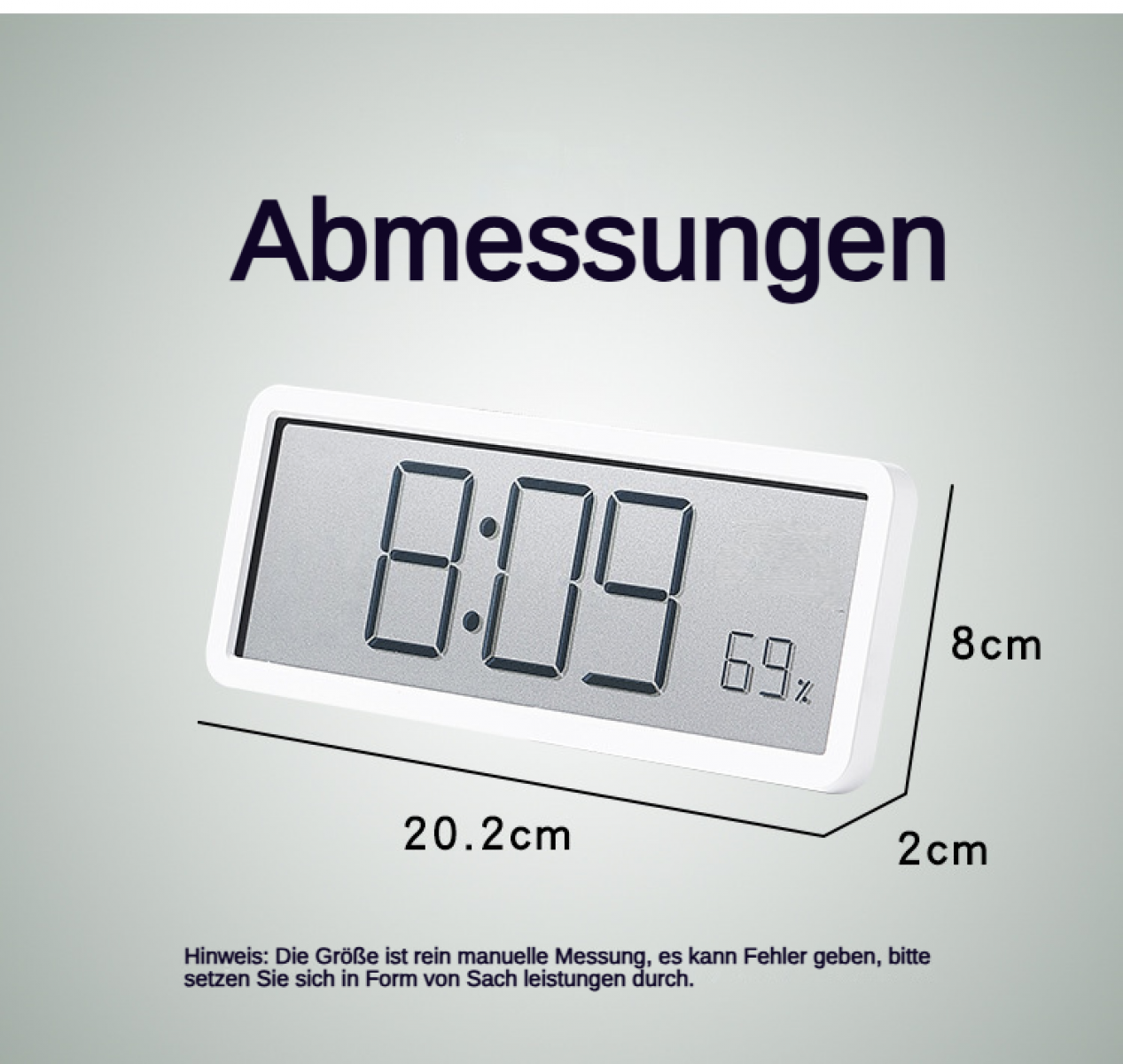 Ein digitaler Wecker zeigt 8:09 und 69% an. Maße: 20.2cm x 8cm x 2cm.