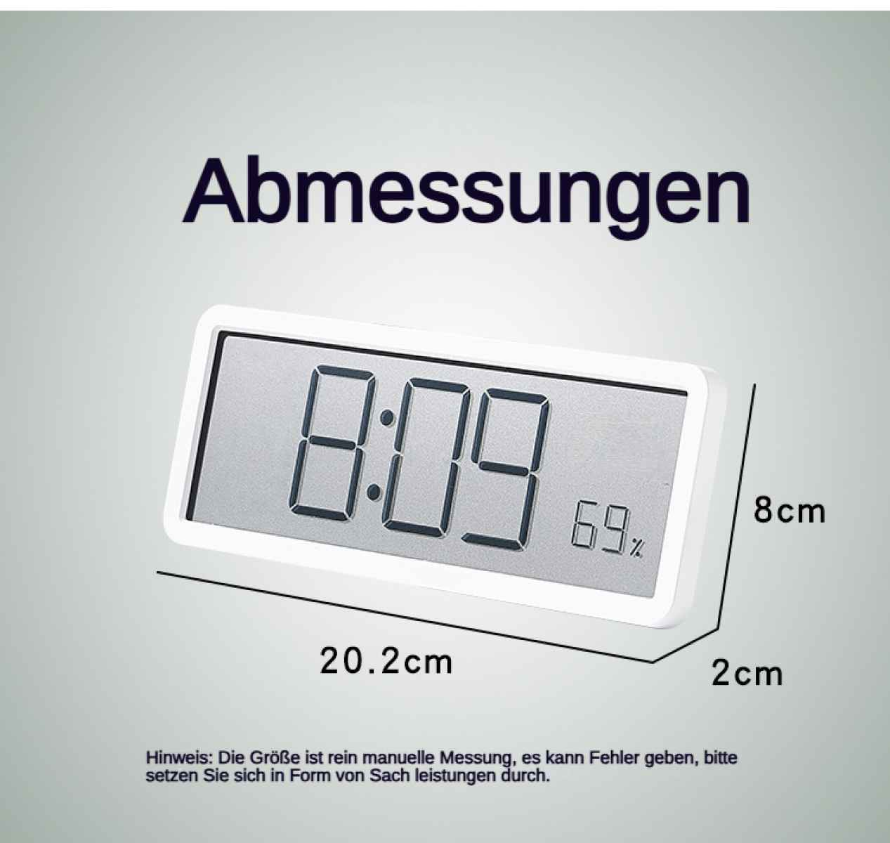 Digitaluhr zeigt 8:09 und 69%. Maße 20,2 x 8 x 2 cm.