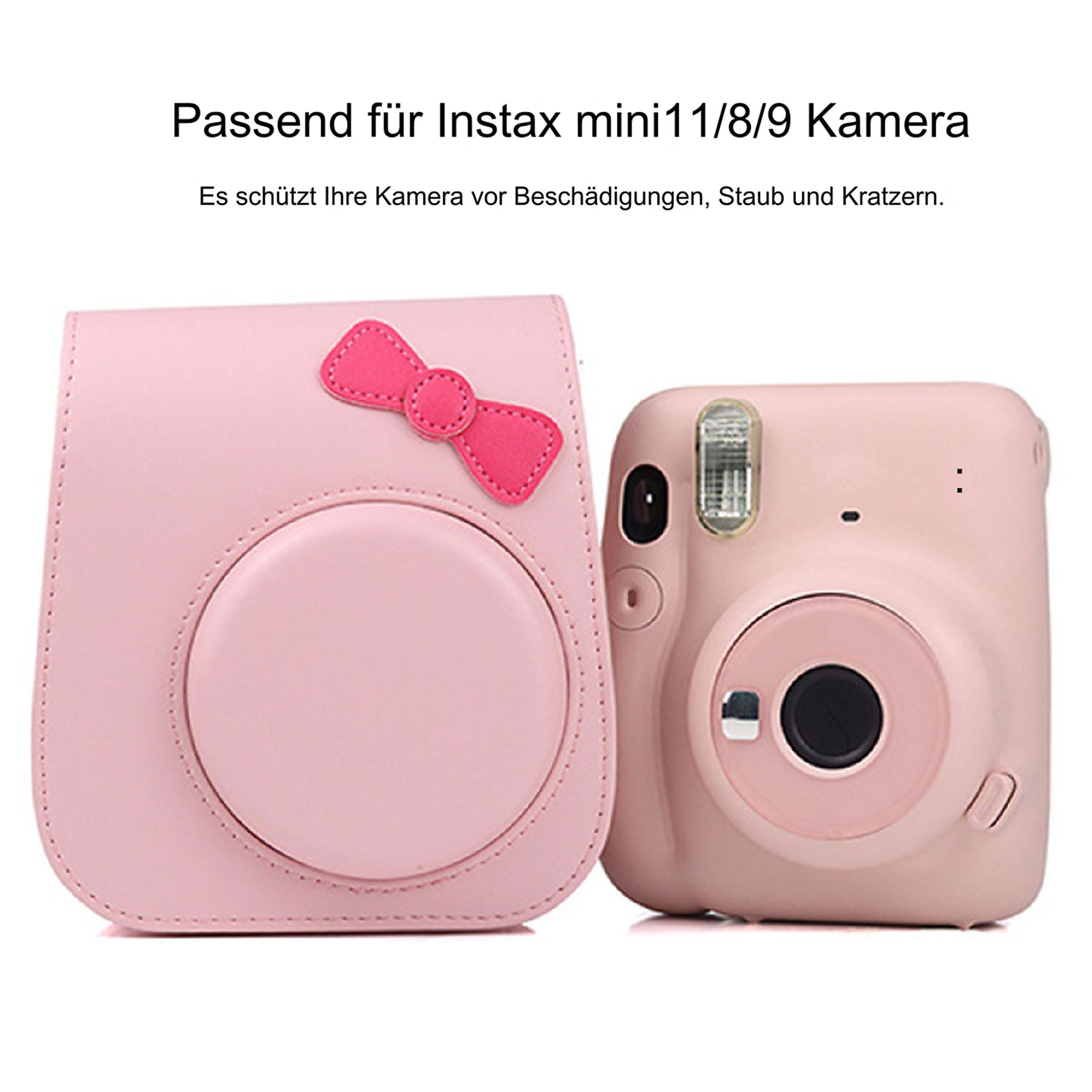 Eine pinke Kameratasche mit Schleife und eine pinke Kamera nebeneinander.