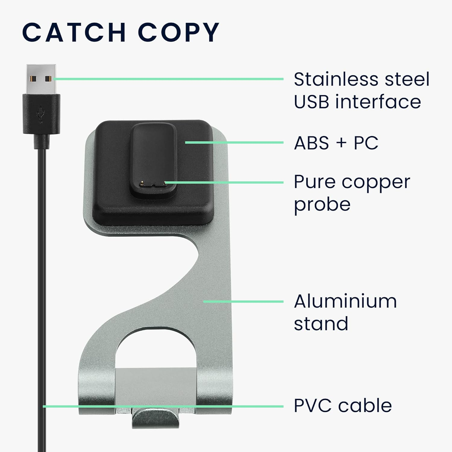 Ein USB-Kabel mit Edelstahlstecker, ABS+PC-Teil, Kupferkontakt und Aluminiumständer.