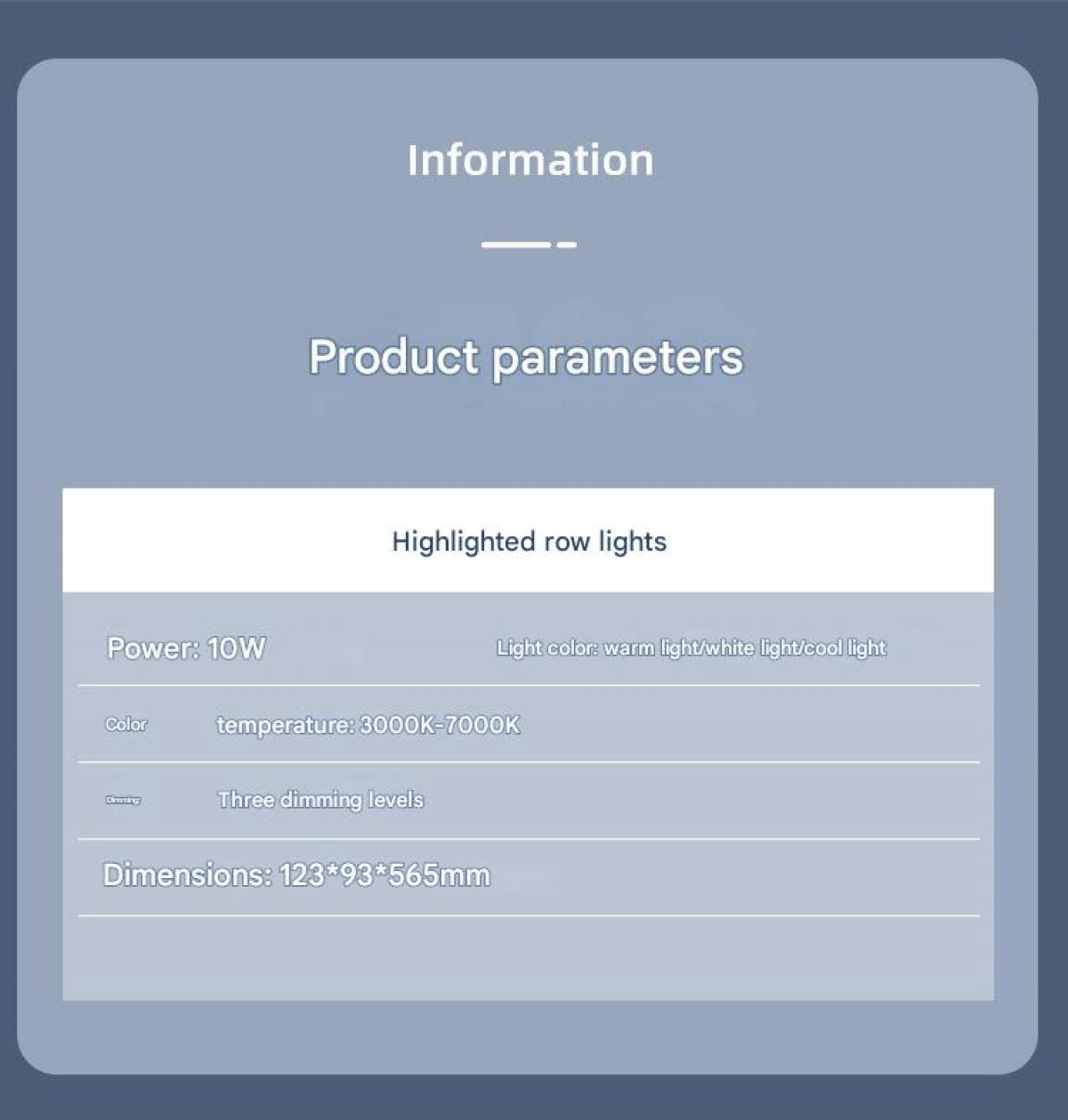 Produktparameter: 10W, 3000K-7000K, 3 Dimmstufen, 123x93x565mm.