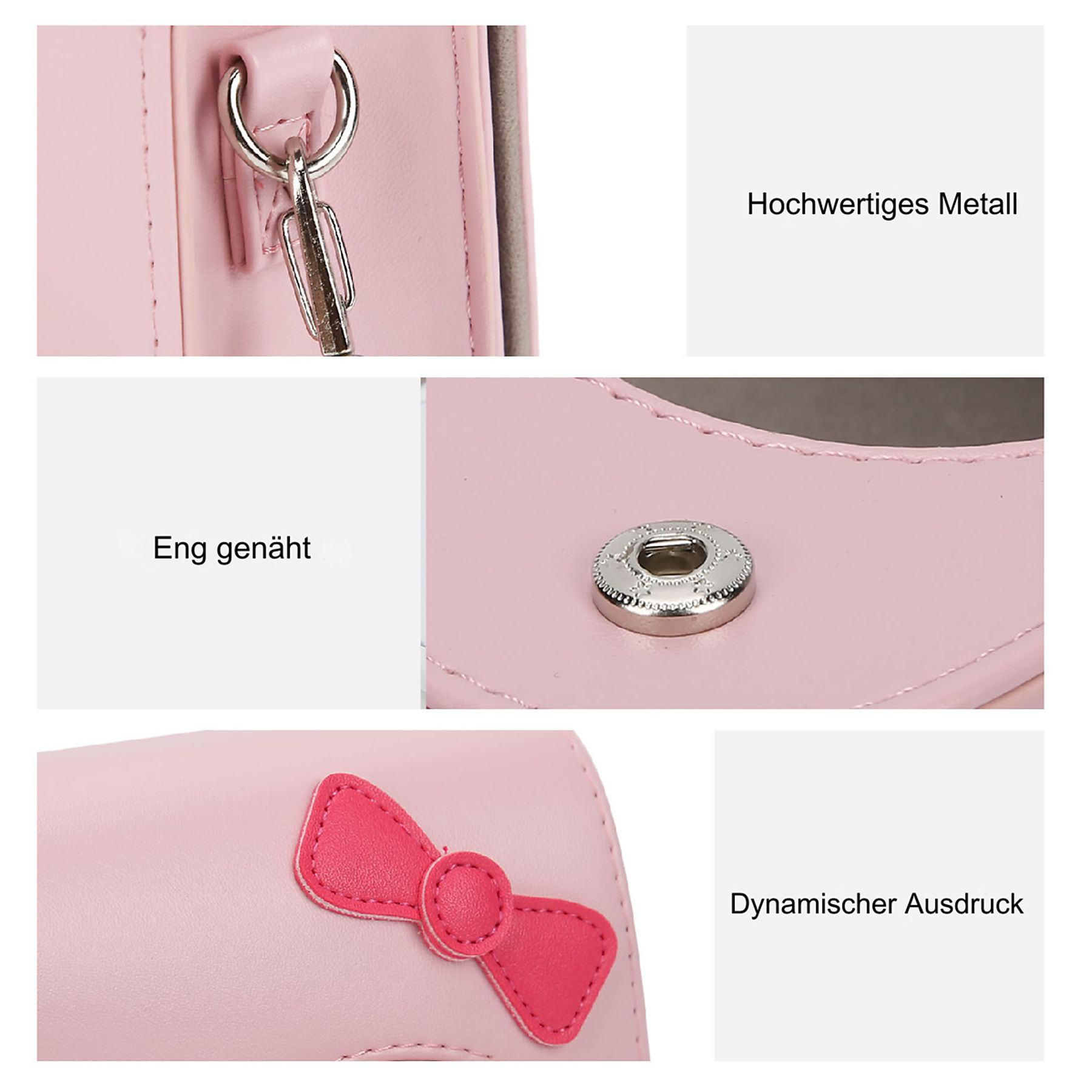Nahaufnahme einer rosa Tasche mit Metallverschluss und Schleifen-Dekor.
