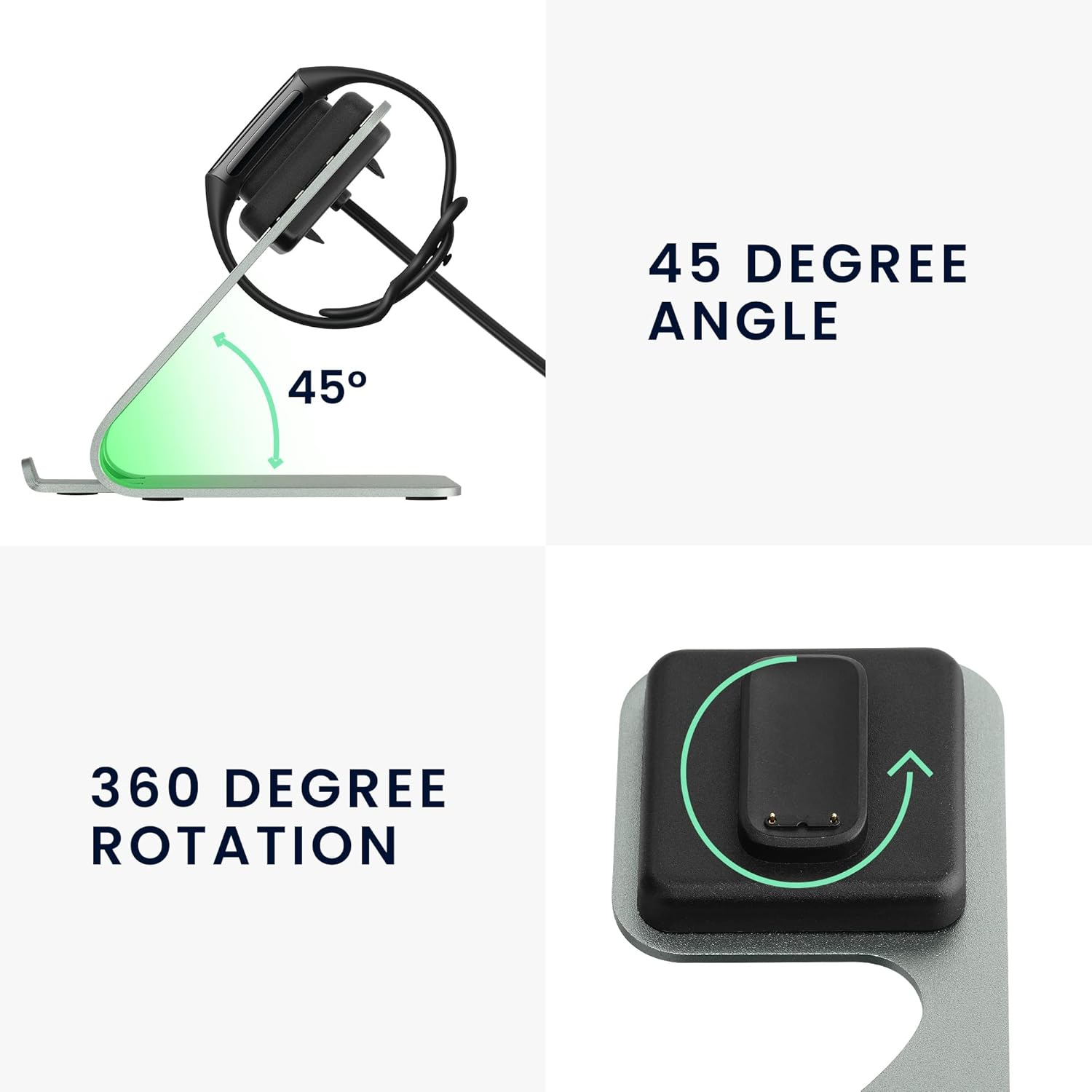 Ein Lade-Dock für ein Fitness-Armband bei 45 Grad und 360 Grad Drehung.