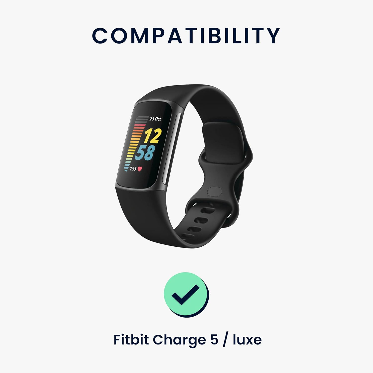 Schwarzes Smartwatch-Armband mit buntem Display. Kompatibel mit Fitbit Charge 5 / Luxe.
