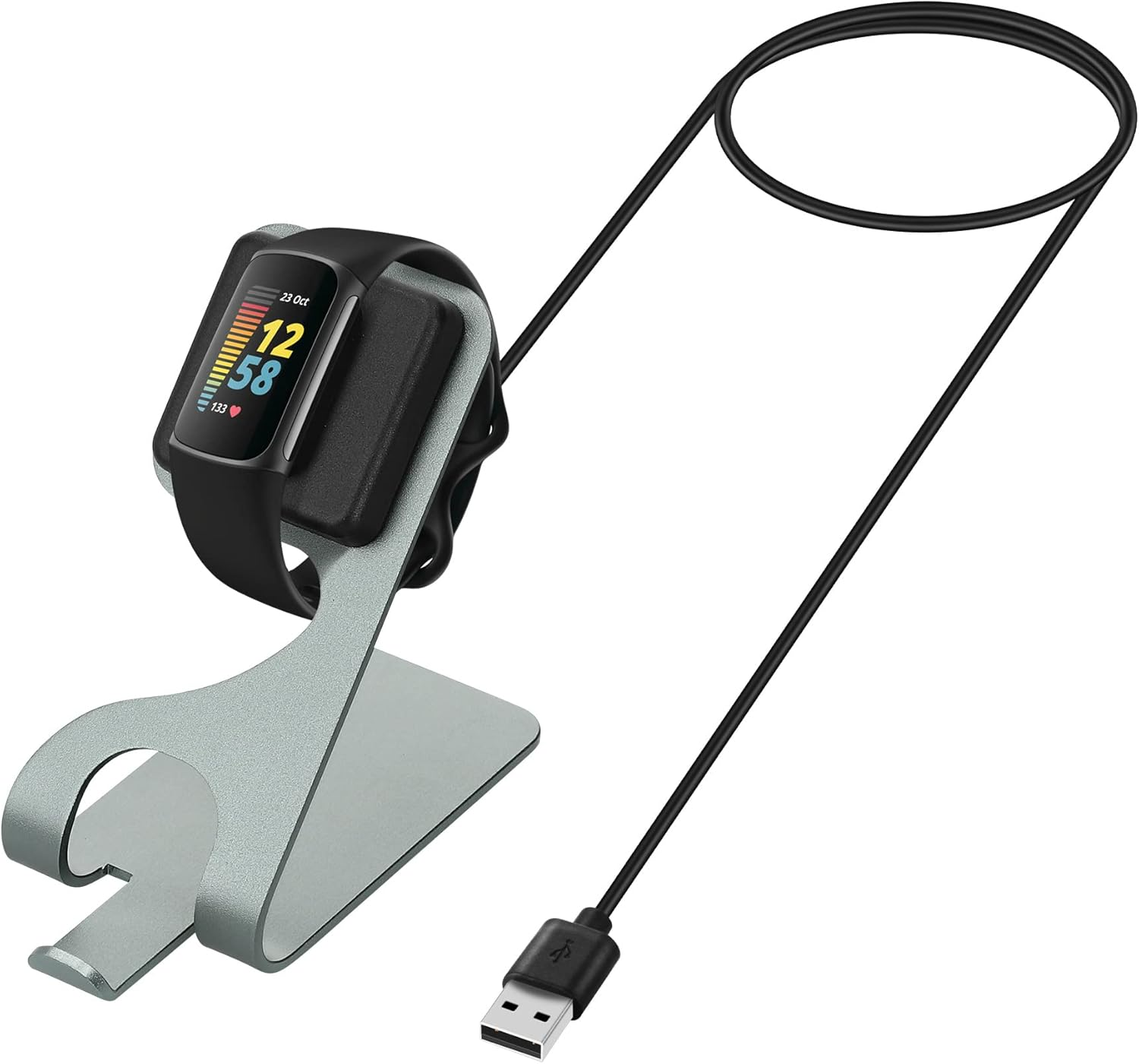 Grauer Ladeständer mit Fitness-Tracker und USB-Kabel.