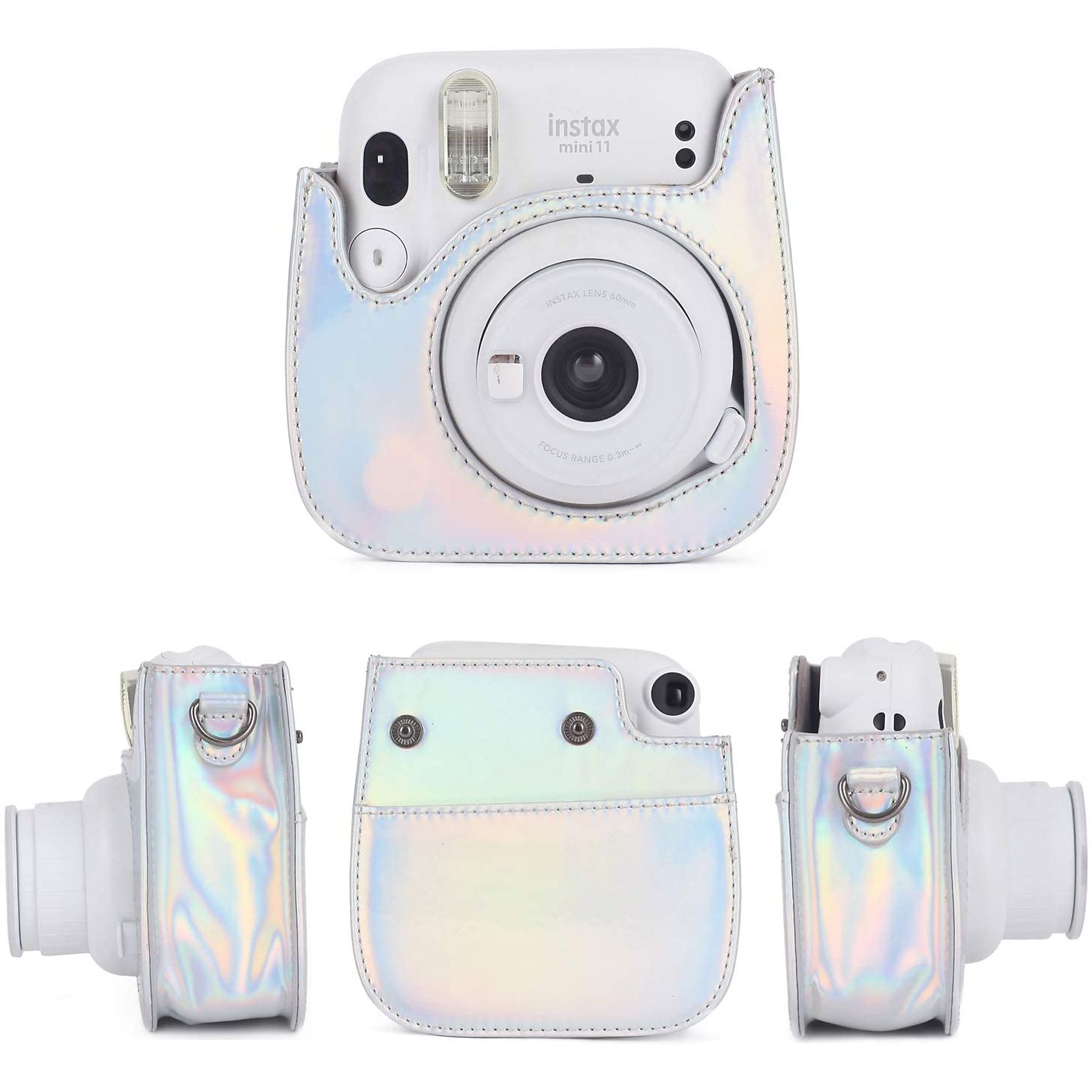 Weiße Instax Mini 11 Kamera mit schillernder Hülle und Riemen.