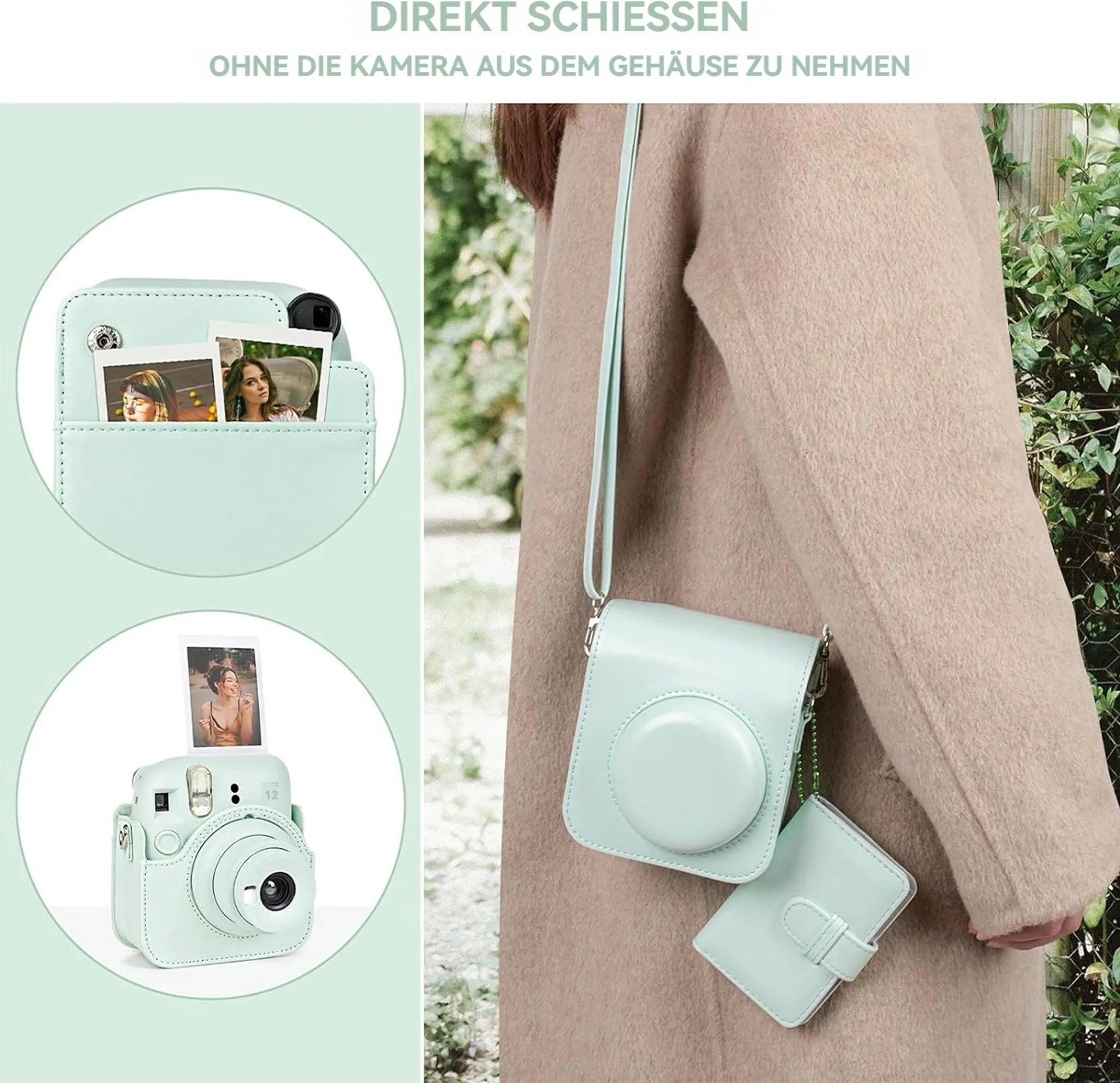 Hellgrüne Sofortbildkamera mit Hülle und Fotos. Eine Person trägt sie.