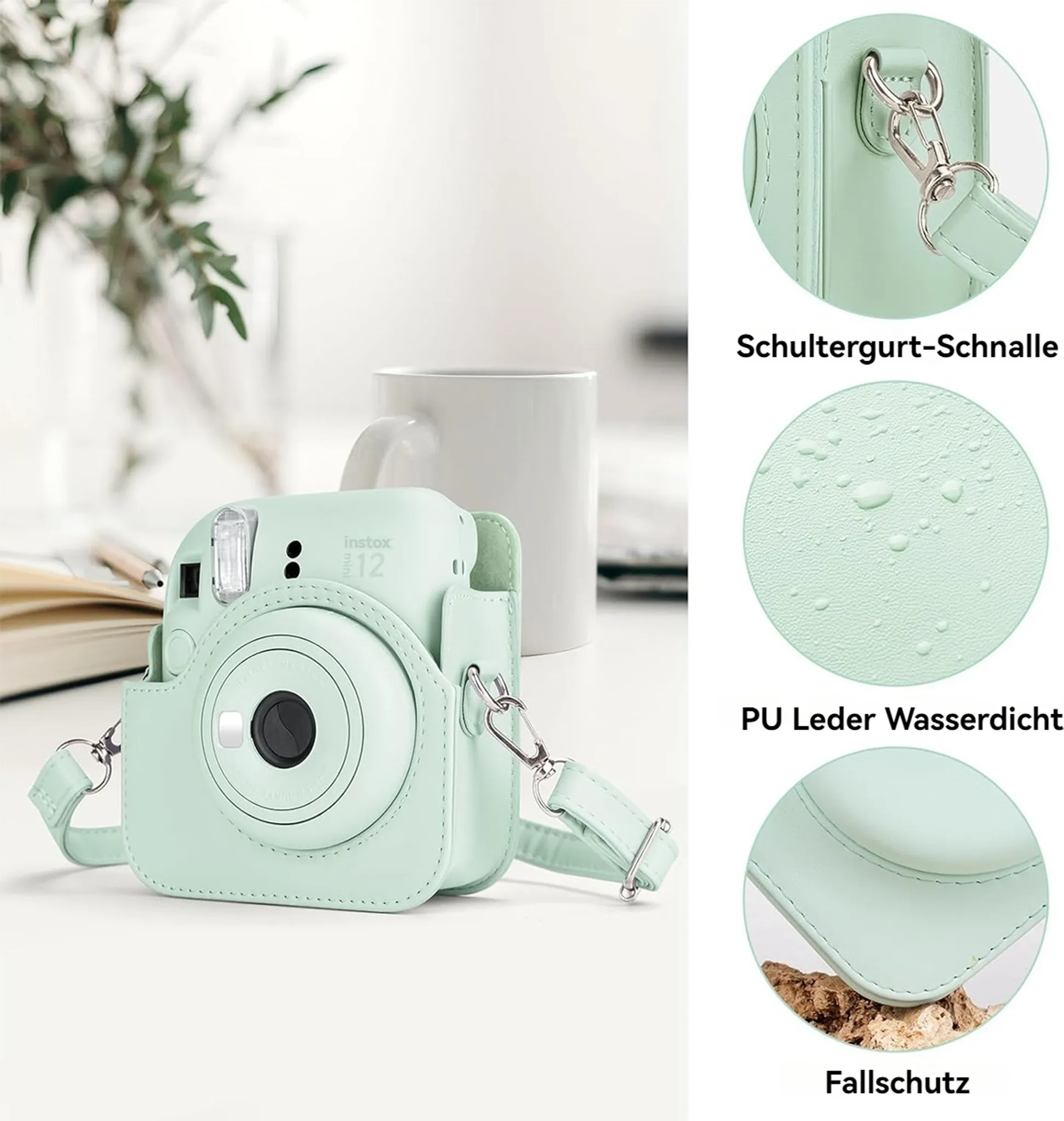 Eine mintgrüne Kameratasche für eine Instax 12 Kamera.