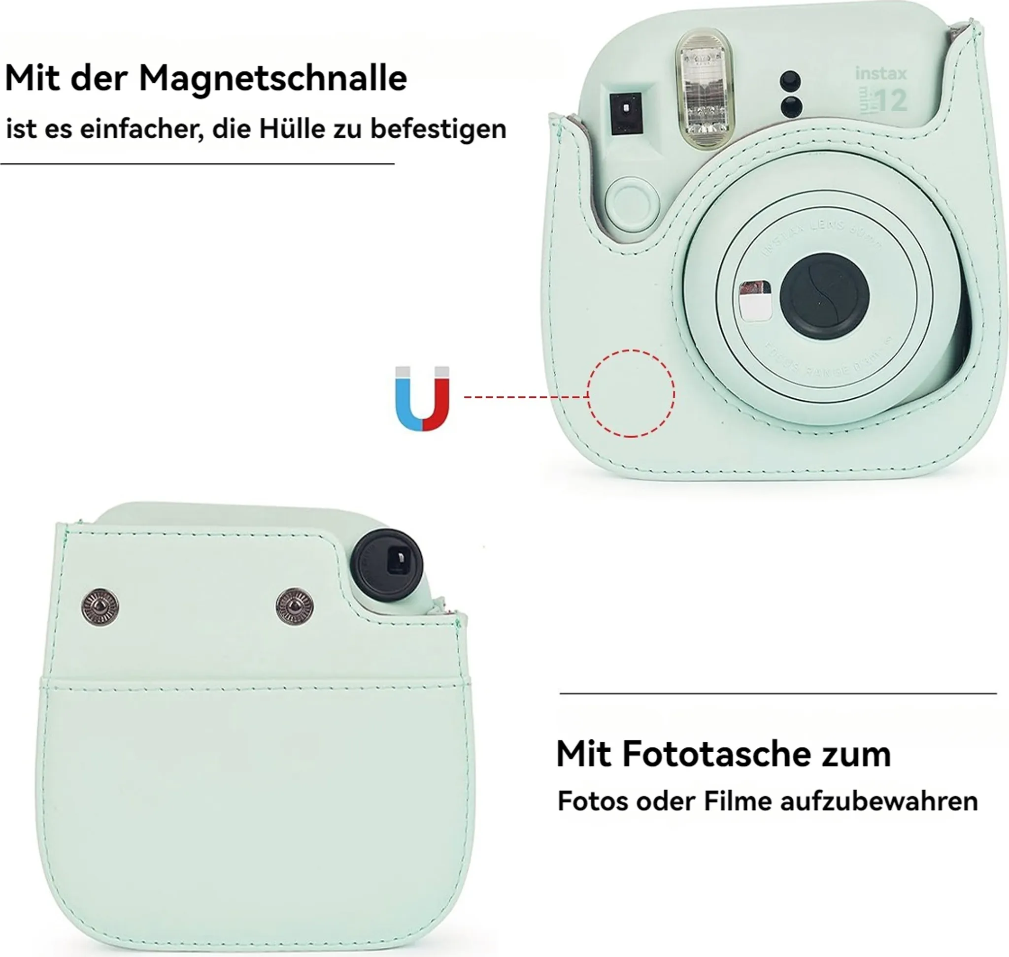 Hellgrüne Kameratasche mit Magnetverschluss für Instax 12.