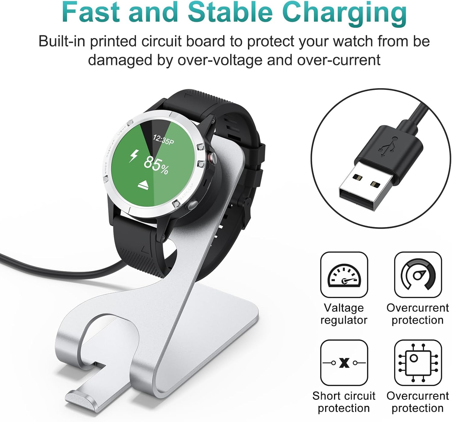 Smartwatch auf Ladeladestation mit USB-Kabel und Schutzsymbolen.