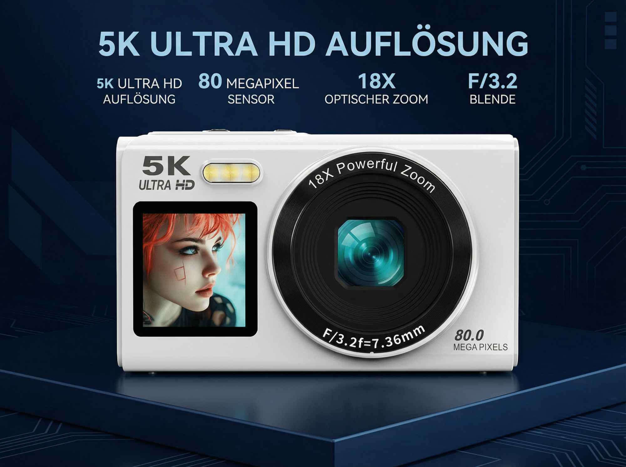 Eine weiße Digitalkamera mit 5K Ultra HD Auflösung, 80 Megapixel und 18x Zoom.
