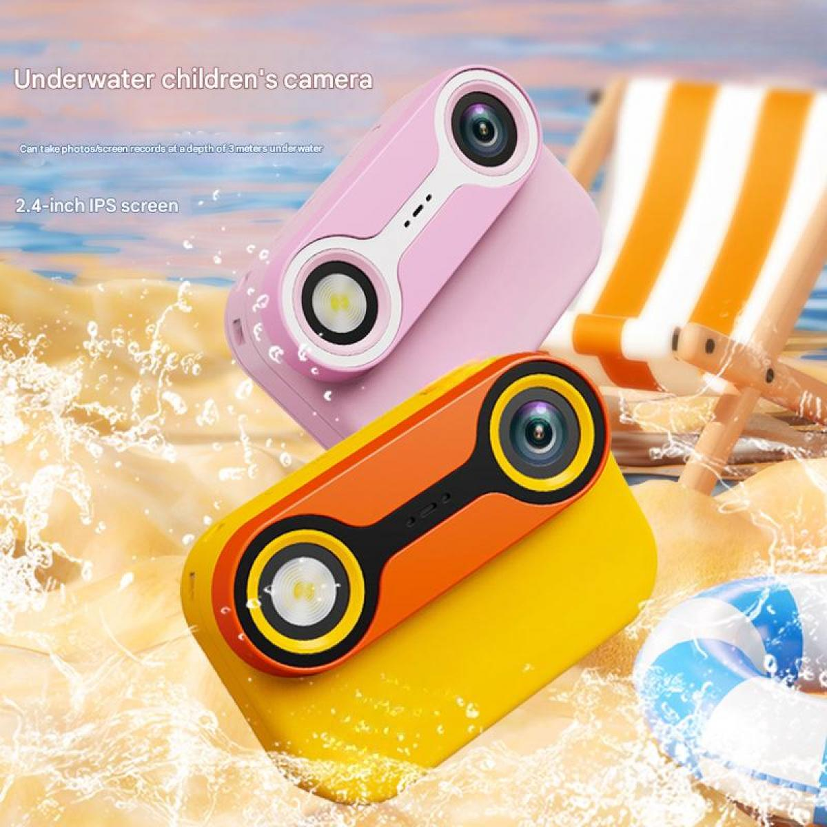 Zwei bunte Unterwasserkameras am Strand, eine rosa und eine orange-gelbe.