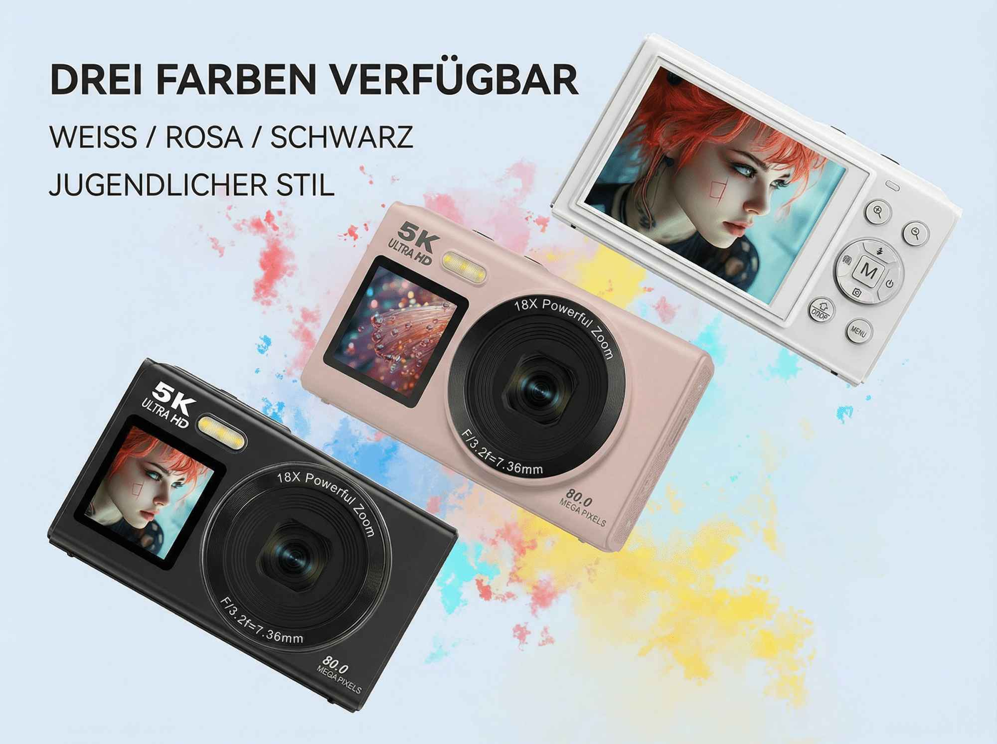 Drei Digitalkameras in Rosa, Schwarz und Weiß mit Anime-Porträt auf dem Bildschirm.