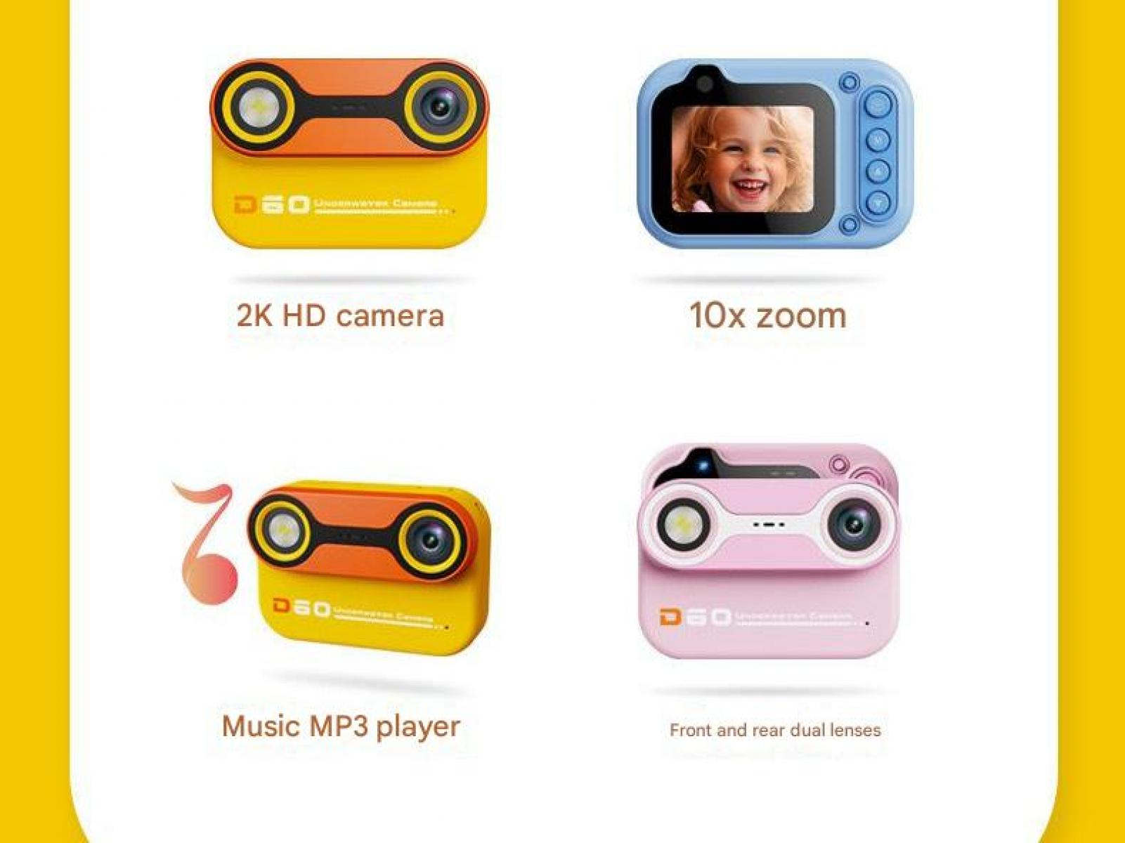 Vier Digitalkameras: orange 2K, blau mit Kind, orange MP3, pink Dual-Linse.