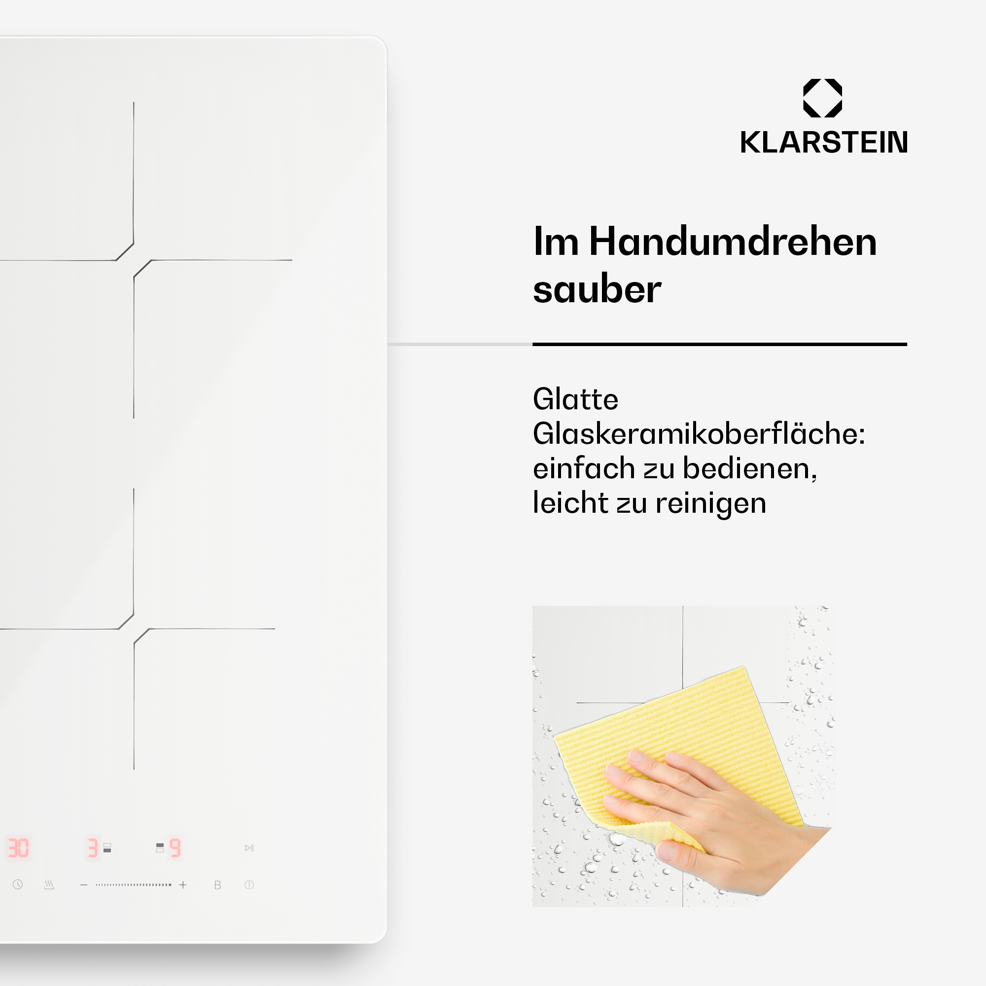 Weiße Kochplatte mit Touch-Bedienfeld und gelbem Lappen, der die Oberfläche reinigt.