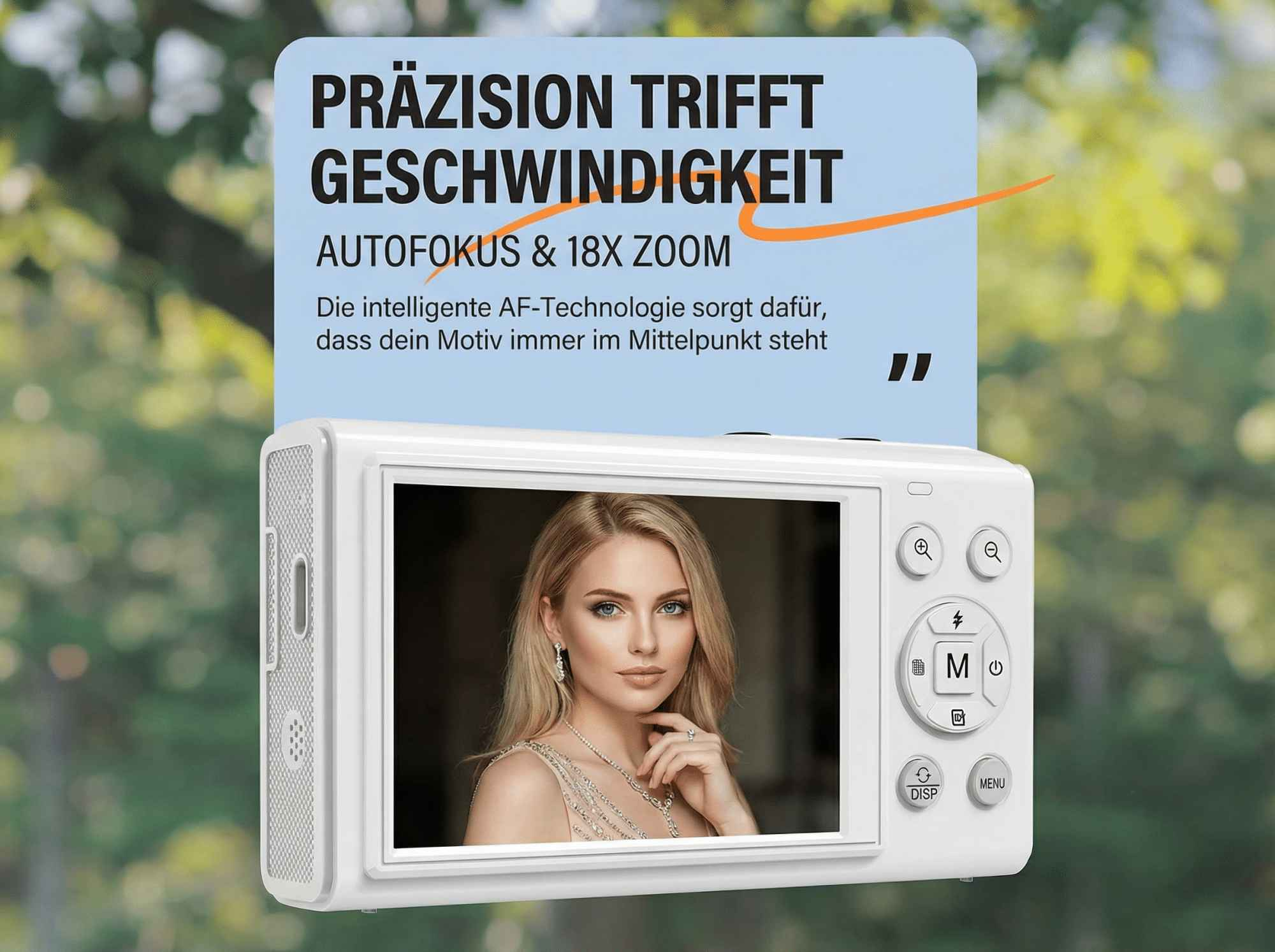 Eine weiße Kamera mit einem Porträt einer Frau auf dem Bildschirm. 