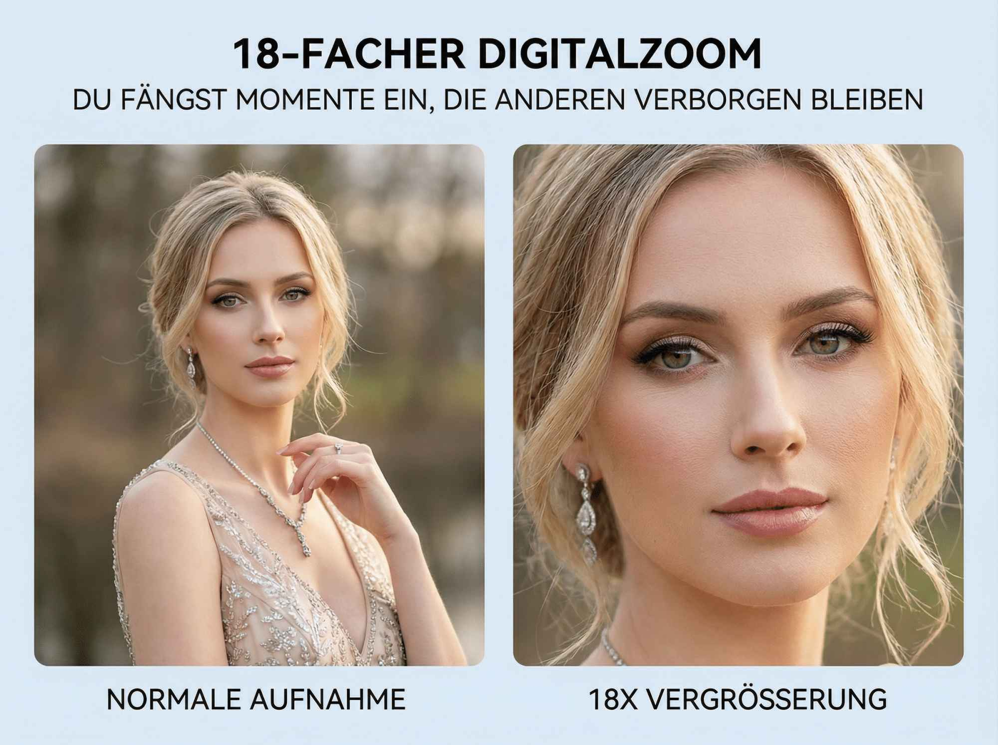 Frau mit Schmuck, normale Aufnahme links, 18x Zoom rechts.