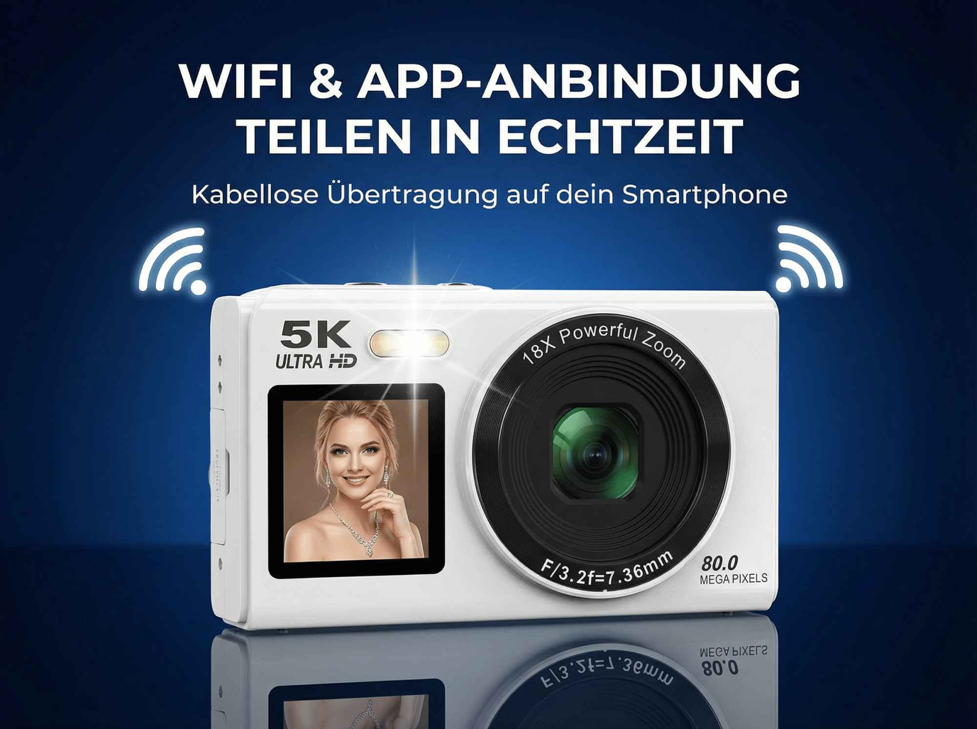 Weiße Digitalkamera mit Frau auf dem Display, 5K Ultra HD, 18x Zoom.