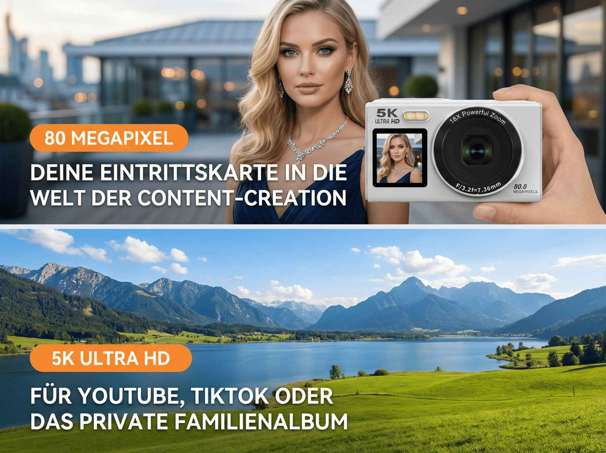 Frau mit Schmuck und Kamera; Bergsee-Landschaft mit Bergen.