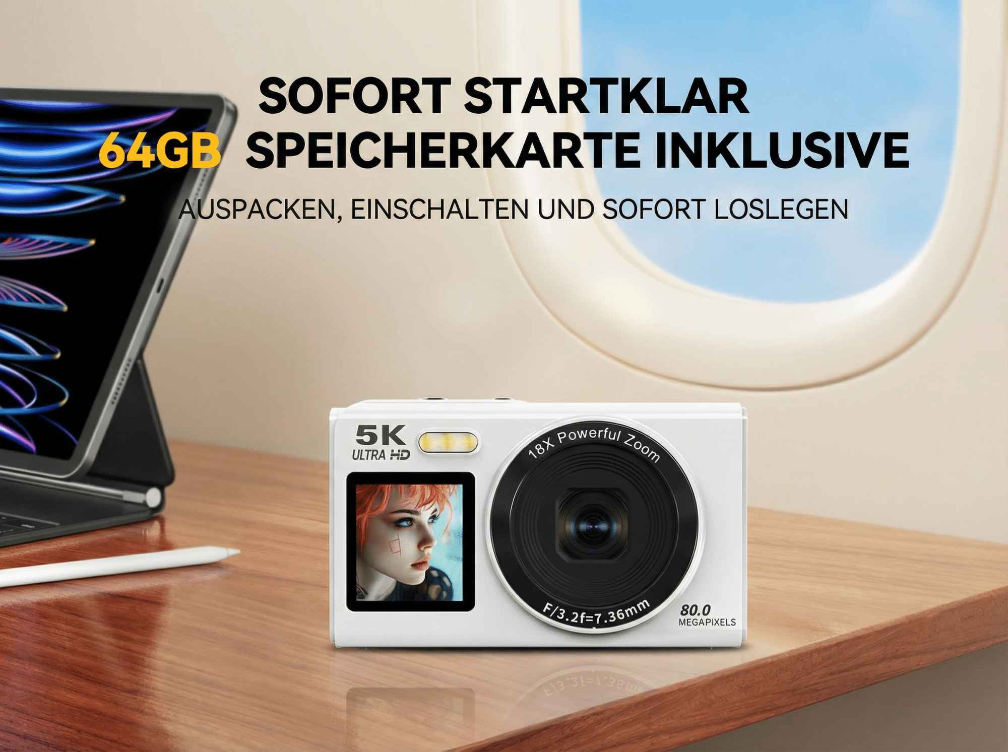 Weiße Digitalkamera mit 80 MP und 18-fach Zoom auf einem Holztisch.