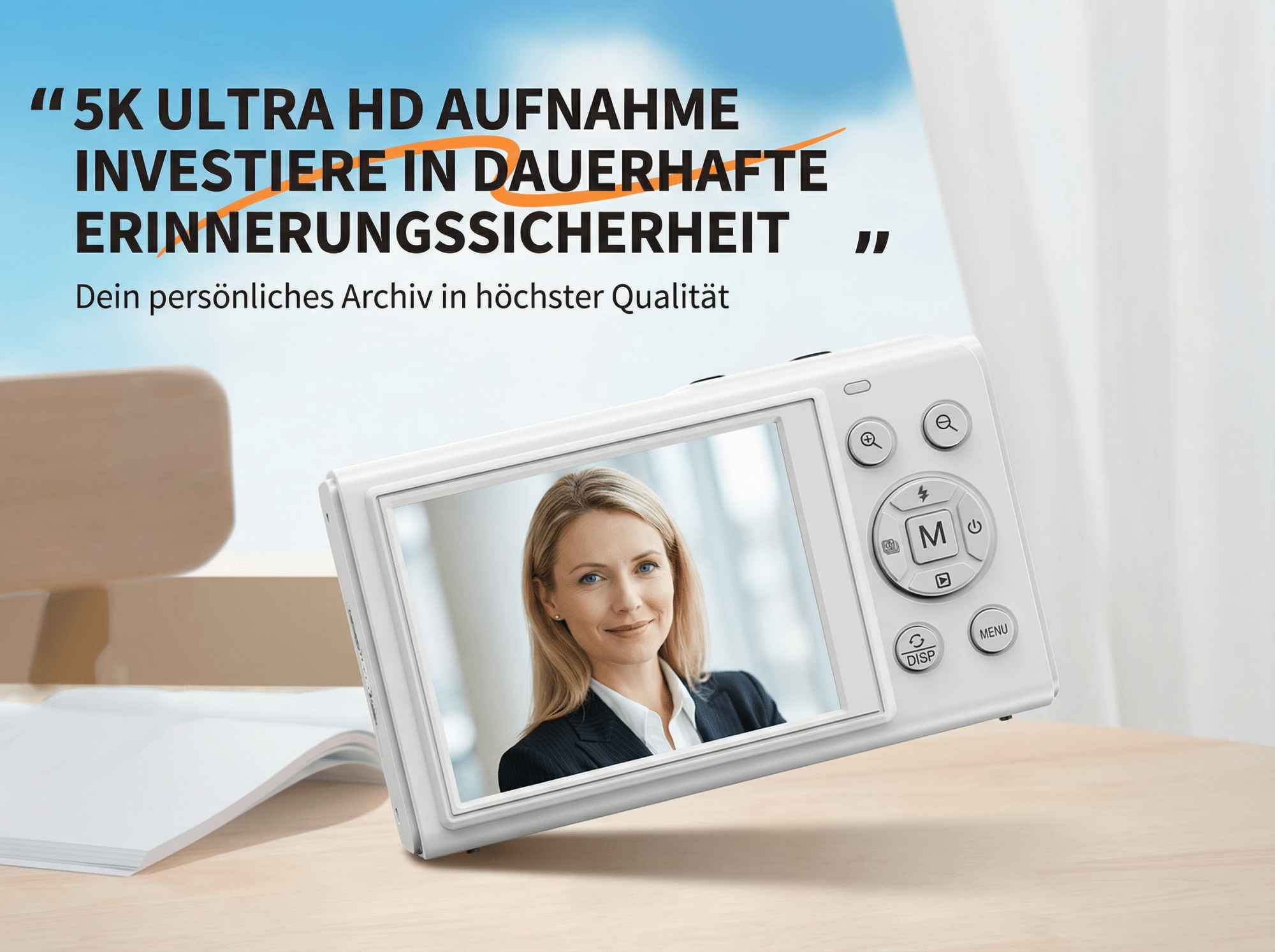 Eine weiße Digitalkamera mit einem Porträt einer Frau auf dem Bildschirm.