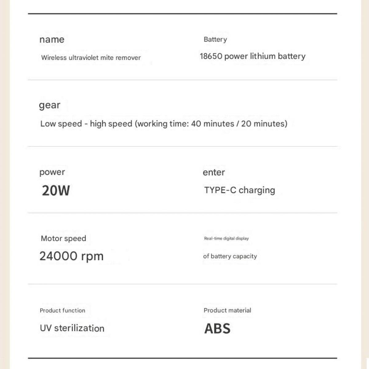 Kabelloser UV-Milbenentferner: 20W, 24000 U/min, Typ-C, ABS.