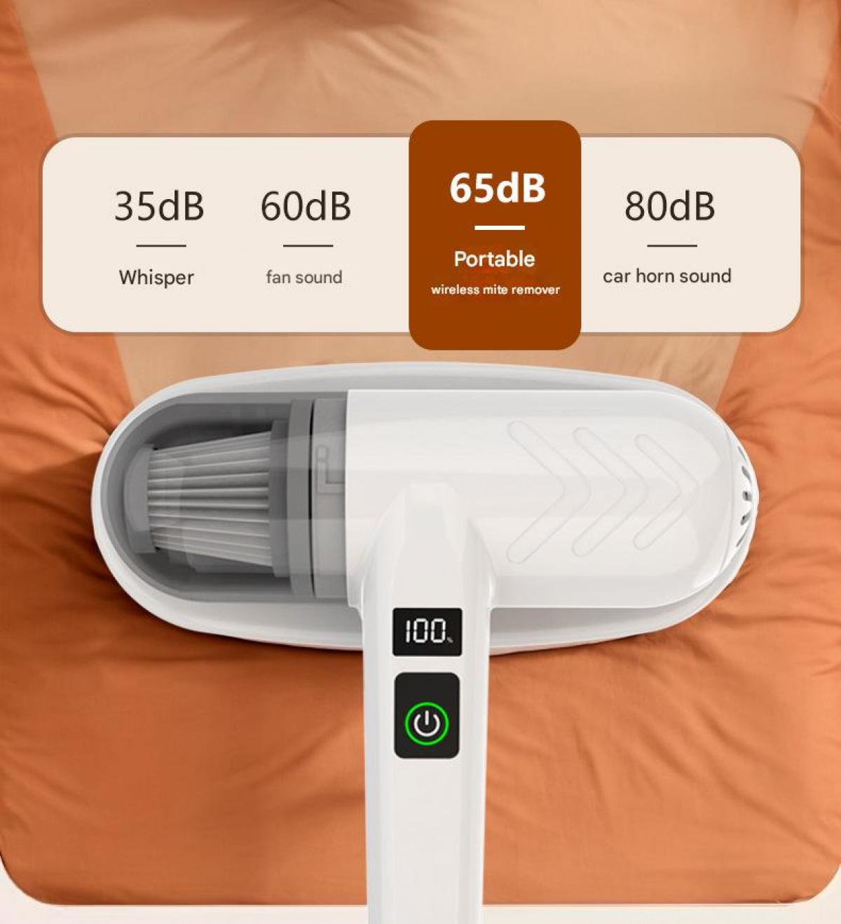 Tragbarer Milbenentferner mit Lautstärkeskala von 35dB bis 80dB.