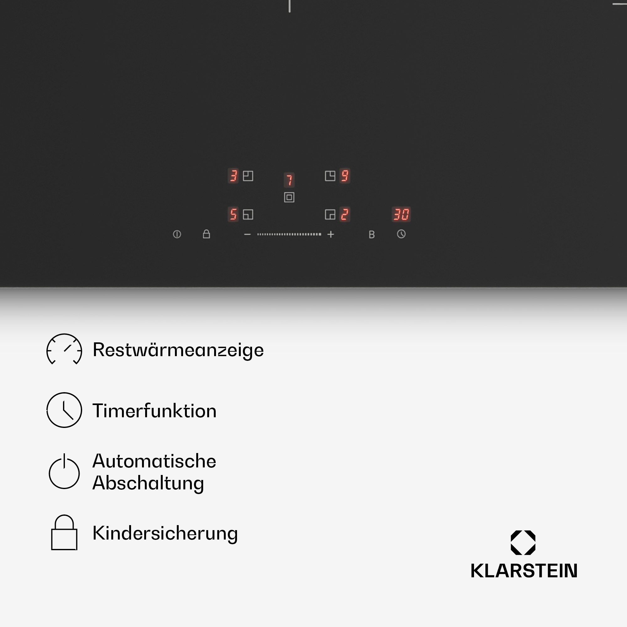 Digitalanzeige mit Zahlen und Symbolen für Kochfunktionen und Einstellungen.