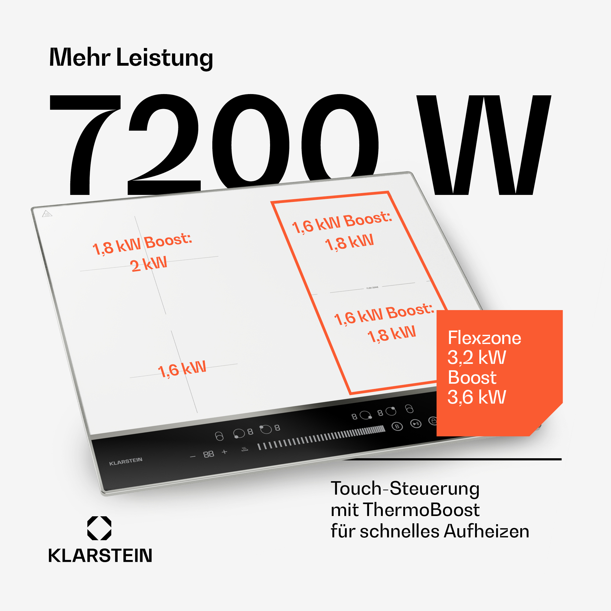 Induktionskochfeld mit 7200W Leistung und Touch-Steuerung.