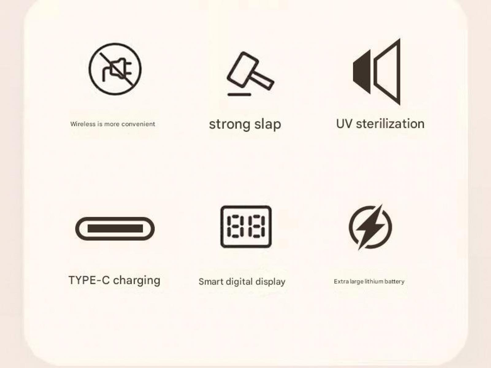 Symbole für drahtlos, Hammer, UV-Sterilisation, Typ-C, Display und Akku.