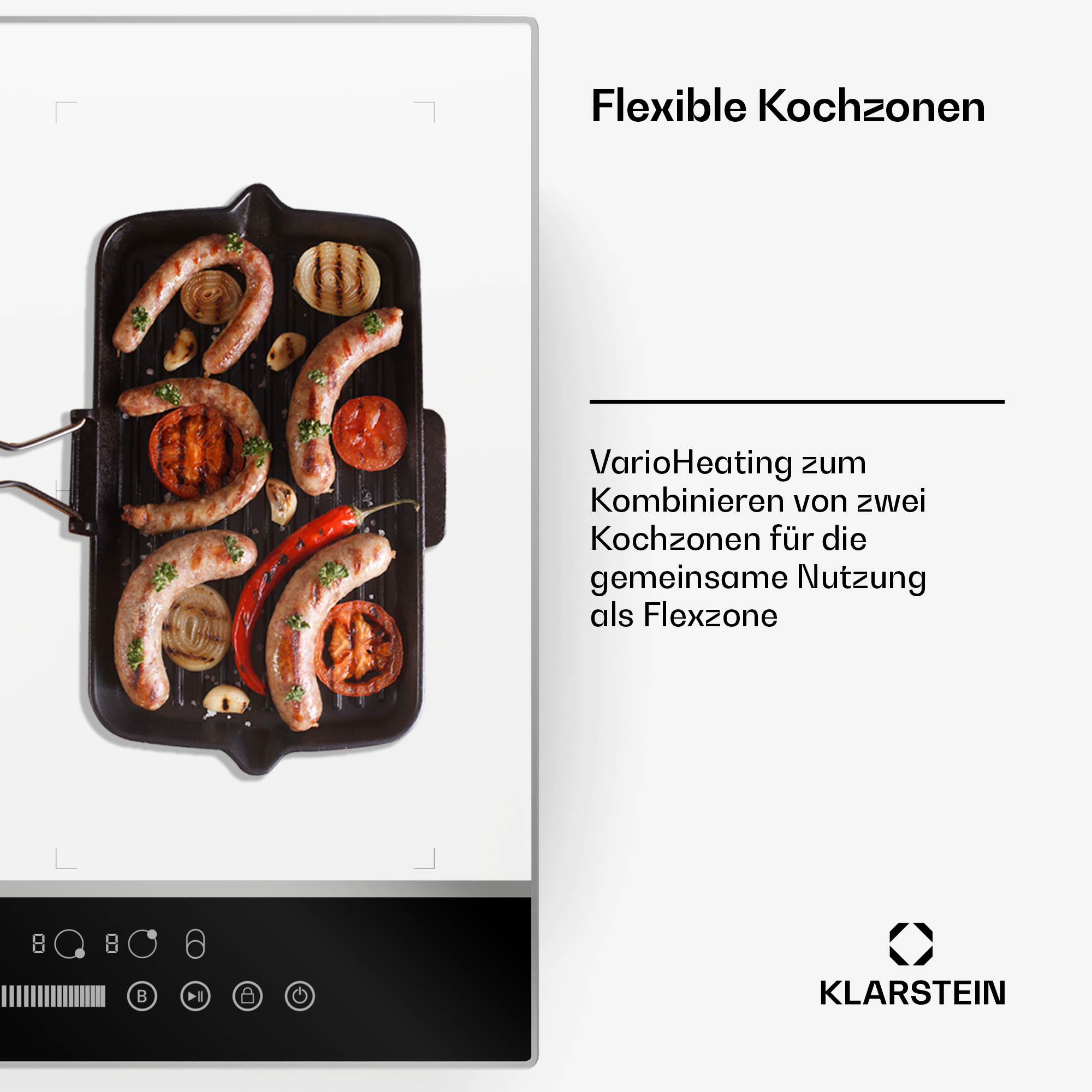 Grillplatte mit Würstchen, Zwiebeln und Tomaten. Kochfeld mit Symbolen.