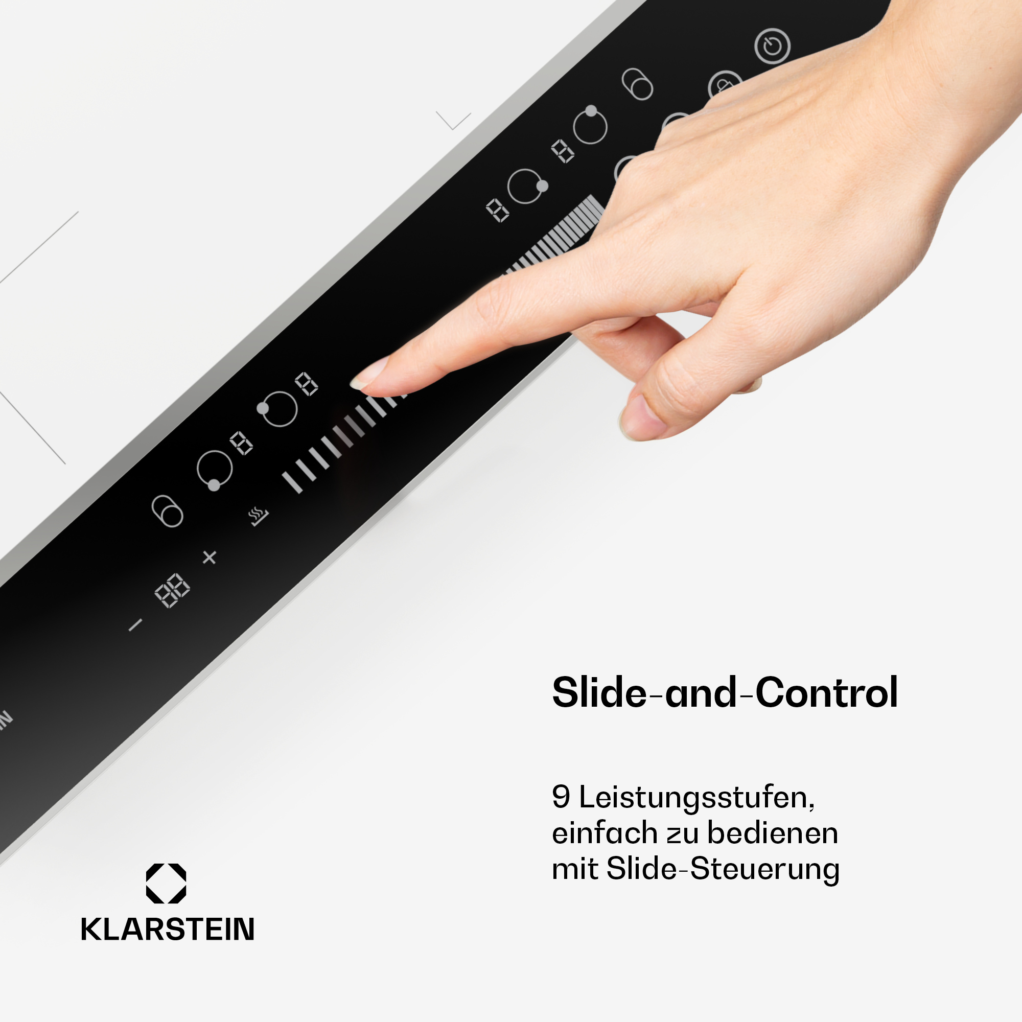 Hand bedient Induktionskochfeld mit Slide-and-Control. Zeigt 9 Stufen an.