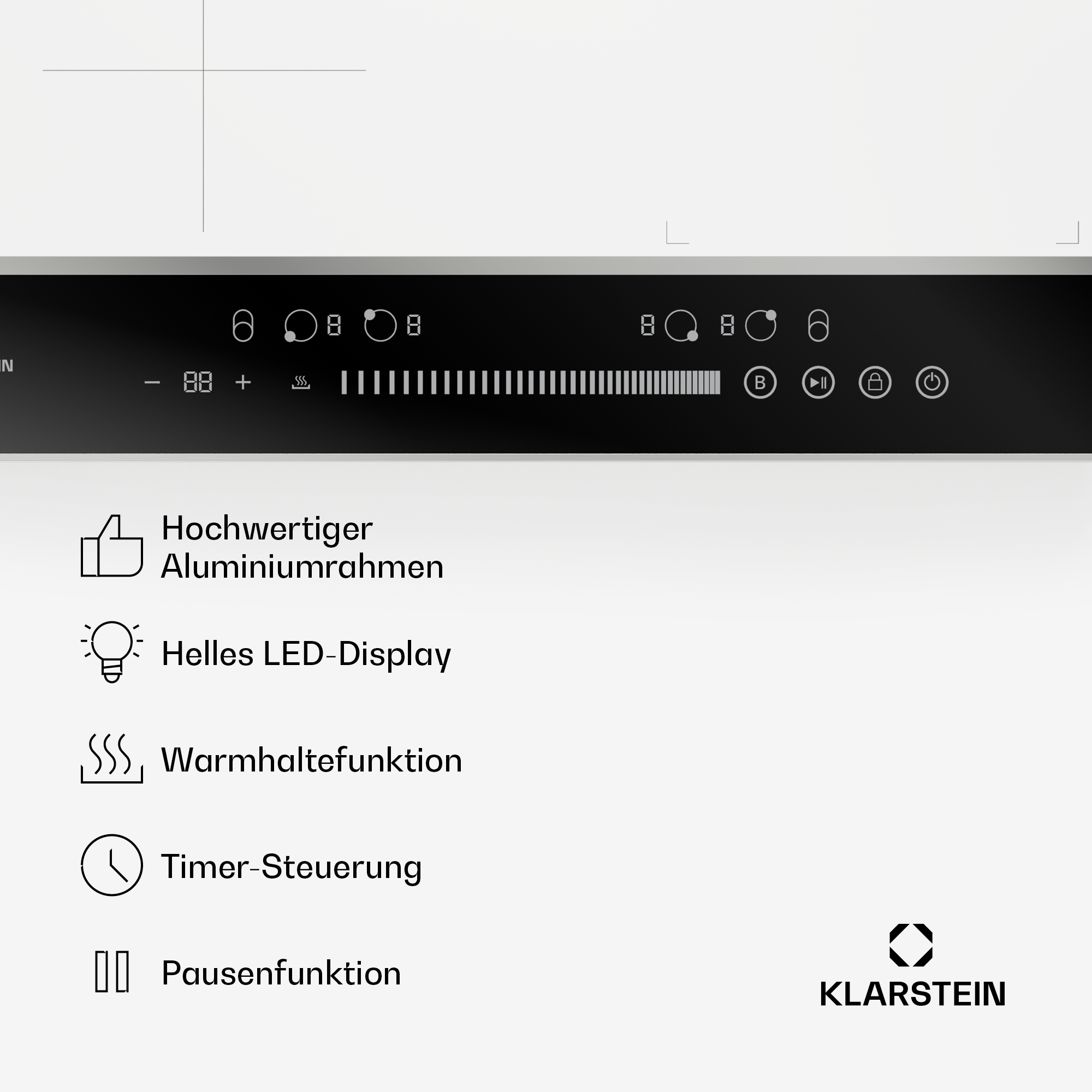 Touch-Bedienfeld mit Symbolen für Timer, Warmhaltefunktion und Pausieren.