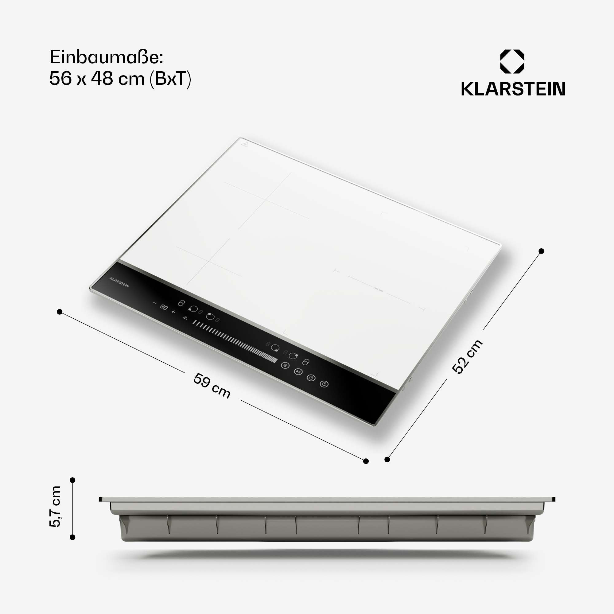 Weiße Einbau-Kochplatte von Klarstein mit Touch-Bedienfeld und Maßen.