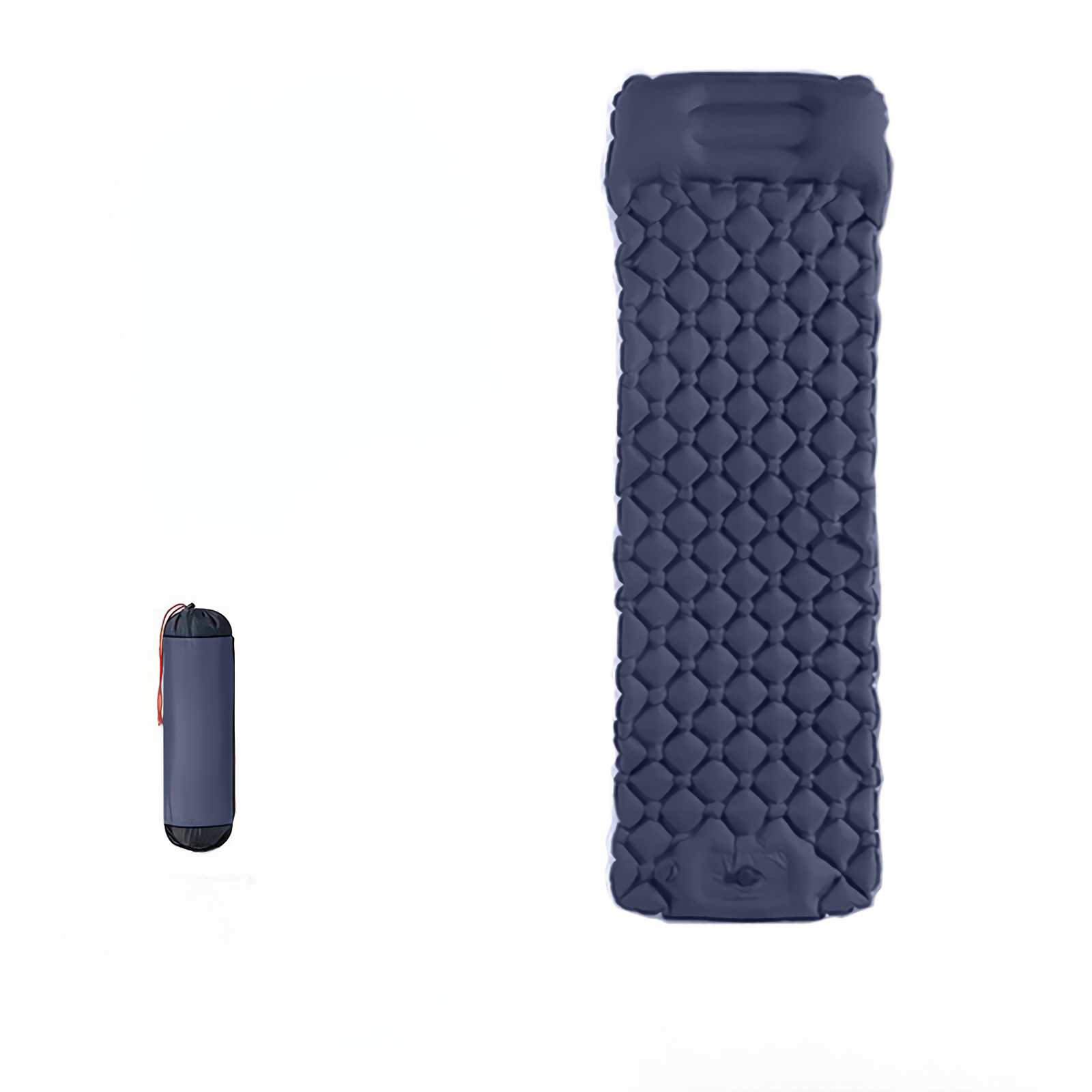 Eine dunkelblaue Isomatte mit Wabendesign und ein zusammengelegter Schlafsack.