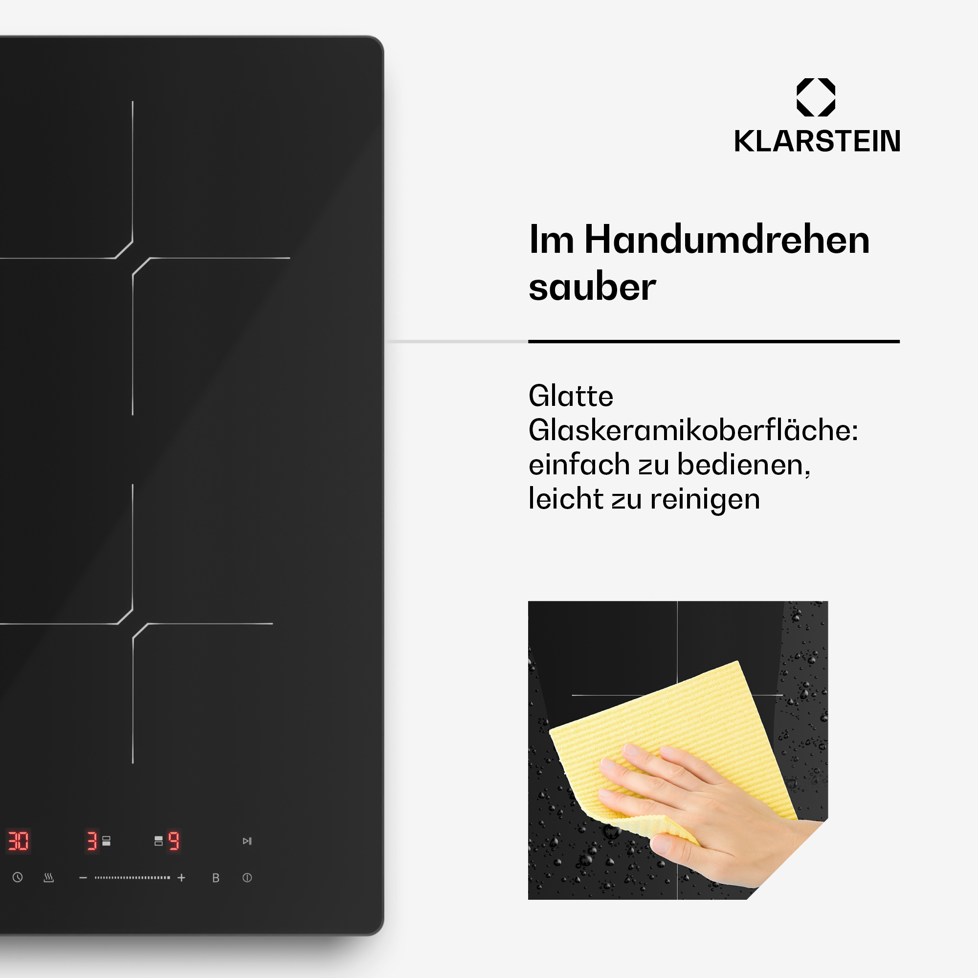 Eine Hand reinigt eine schwarze Kochfläche mit einem gelben Tuch.