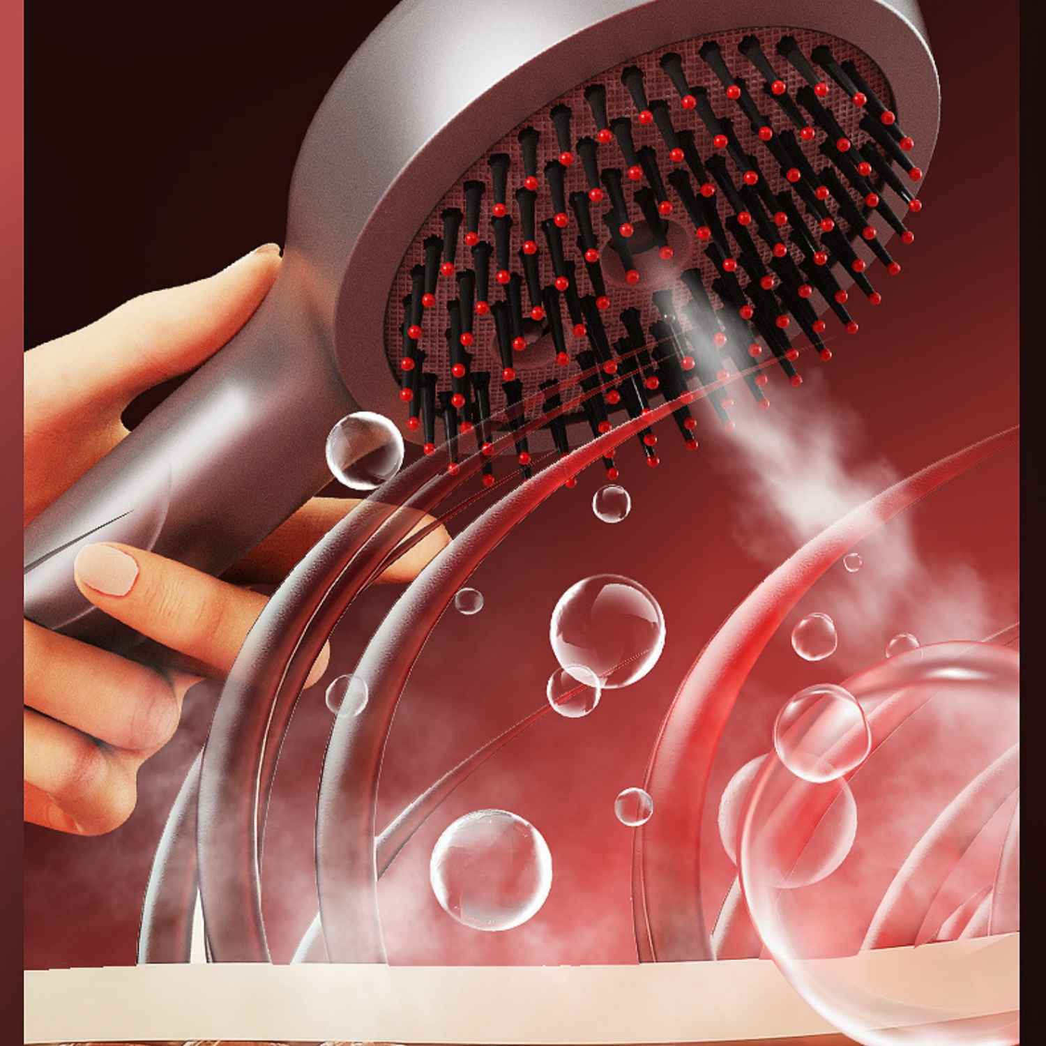 Hand hält Haarbürste mit roten Spitzen; Dampf und Blasen über roten Haaren.