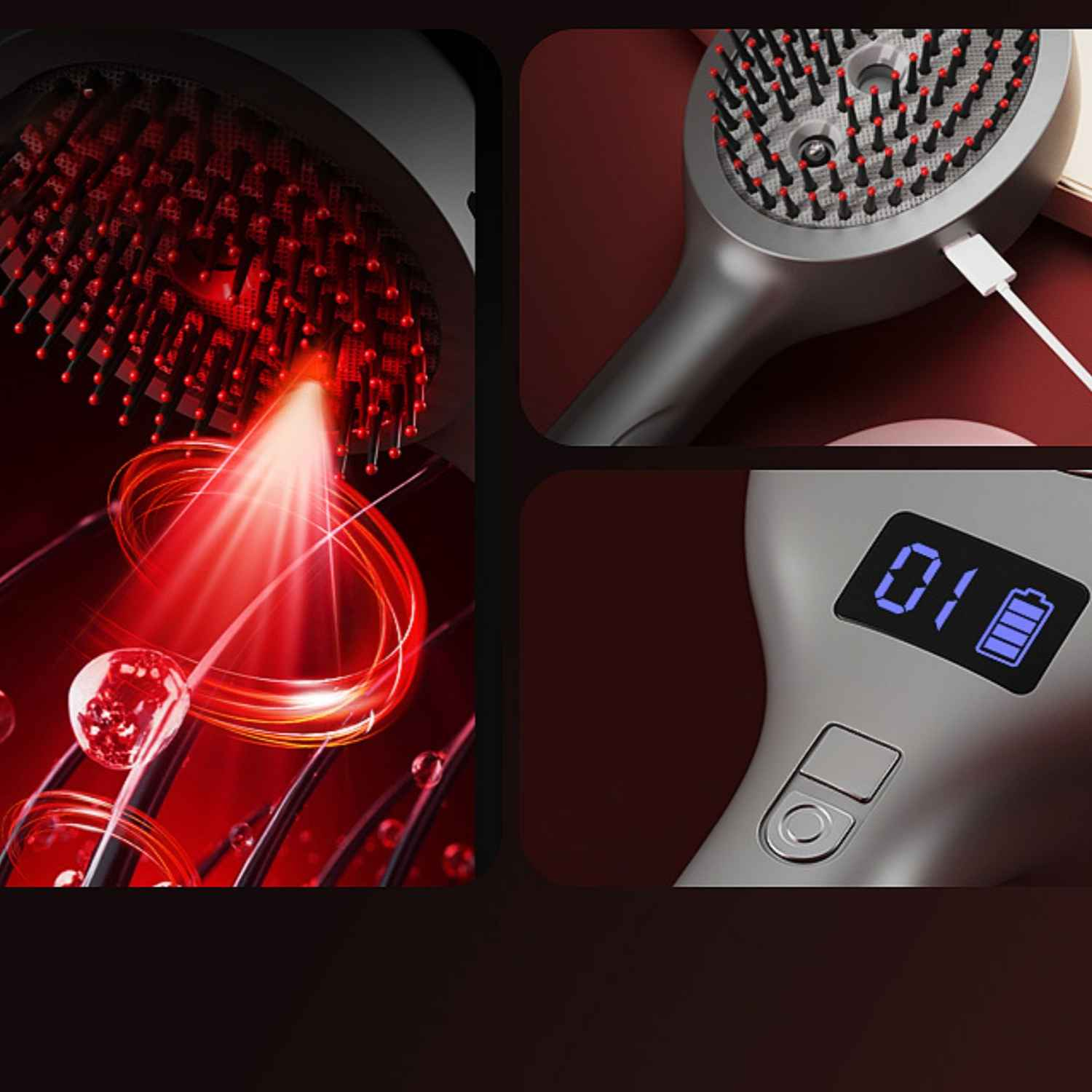 Grauer Haarkamm mit roten LEDs, digitalem Display und USB-Anschluss.