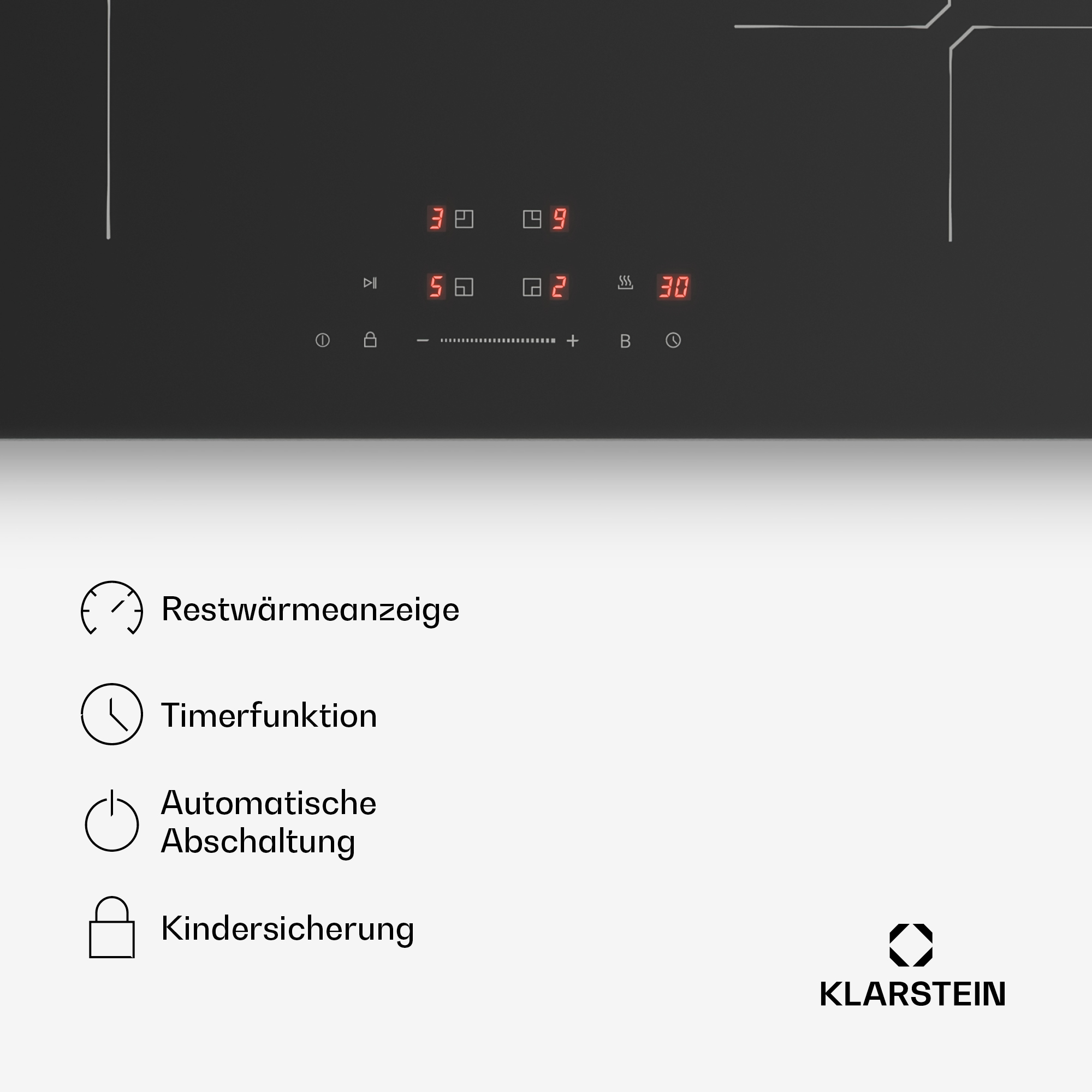 Bedienfeld mit roten Ziffern und Symbolen für Restwärme, Timer, Abschaltung und Kindersicherung.