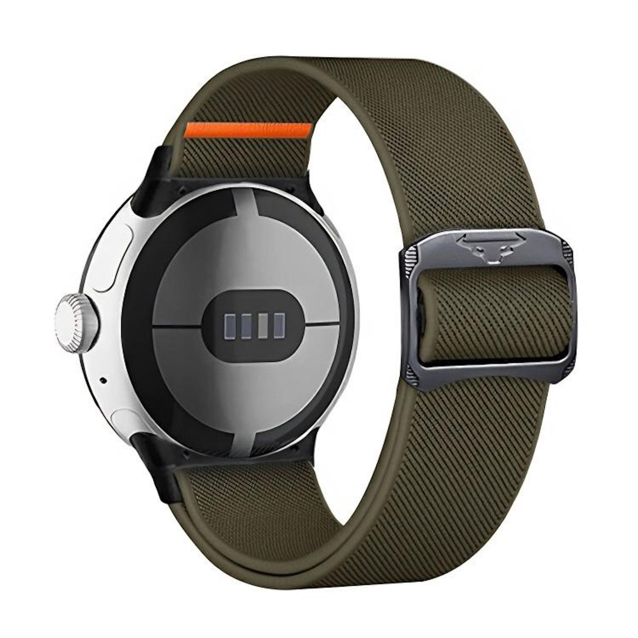 Primo piano di uno smartwatch con cinturino in tessuto verde e cassa argentata.