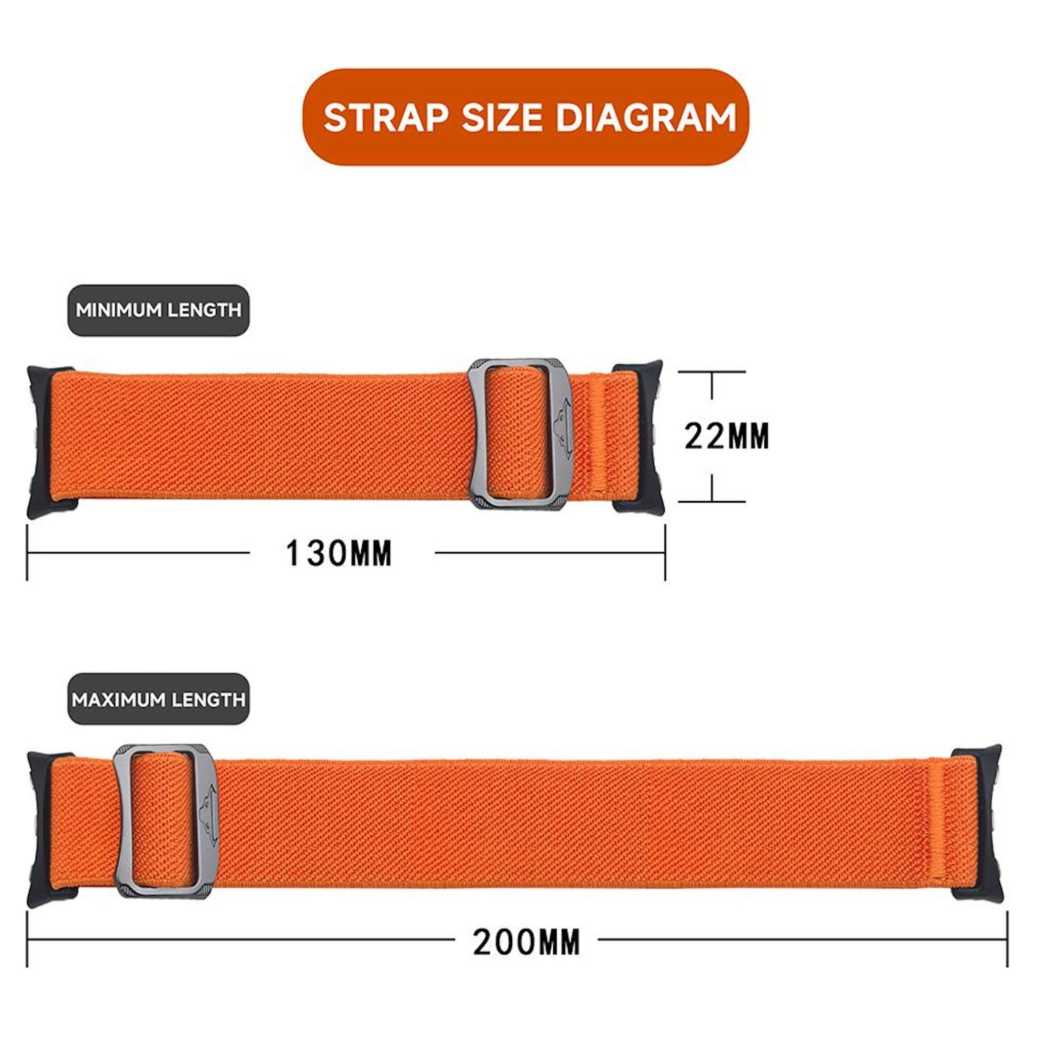 Größendiagramm für ein orangefarbenes Armband mit Größenangaben.