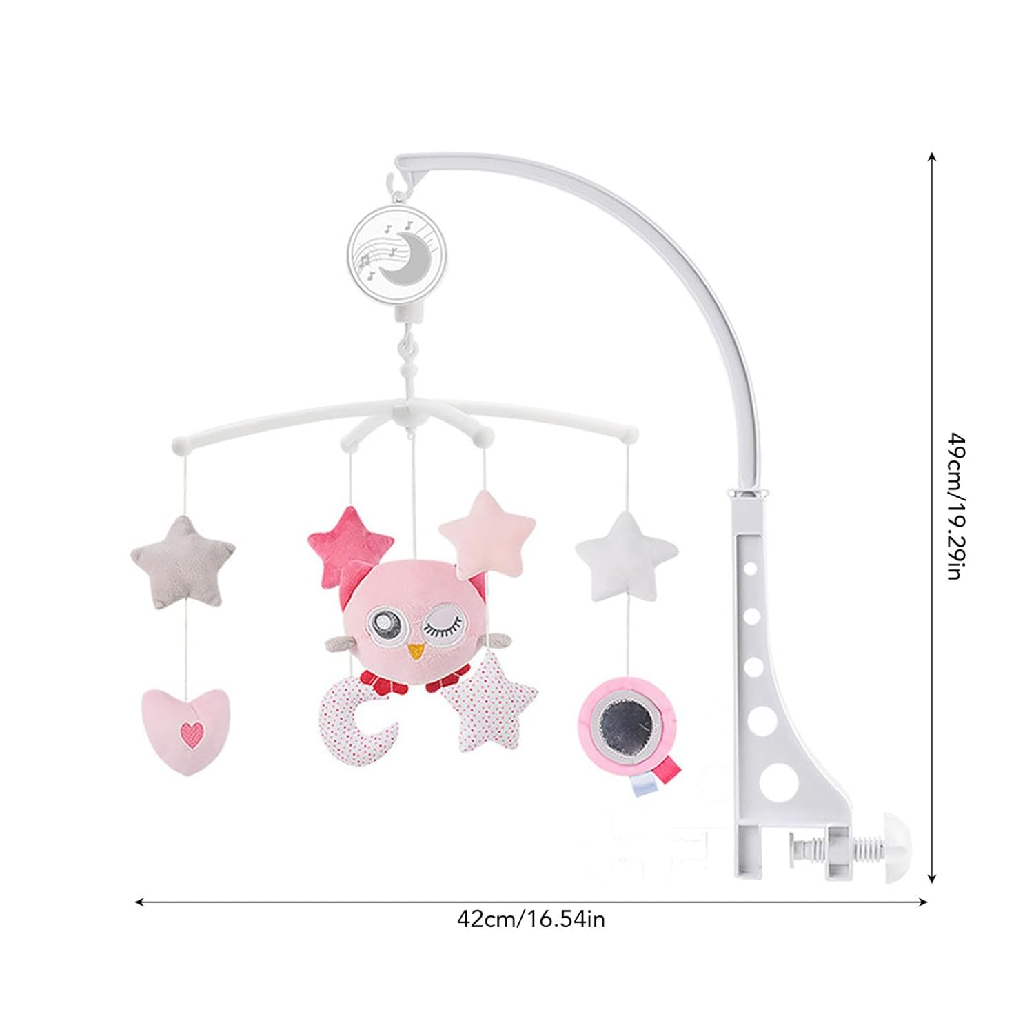 Baby-Spieluhr mit Sternen, Herzen und einer Eule in Rosa und Grau.