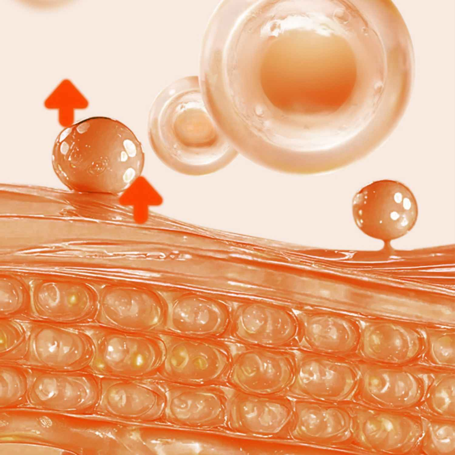 Orange Bläschen auf Schichten von Hautzellen mit Pfeilen nach oben.