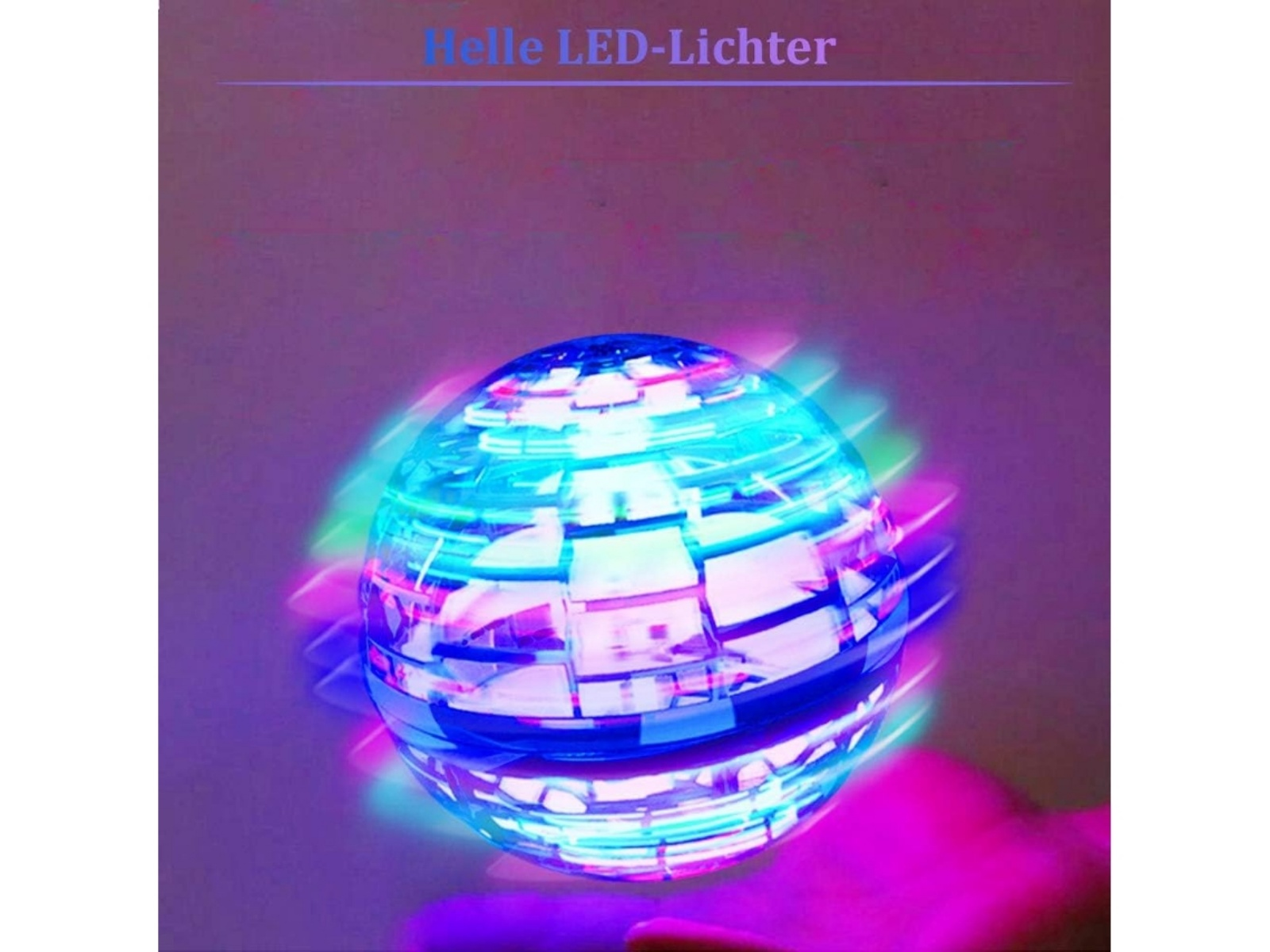 Eine leuchtende LED-Kugel schwebt, beleuchtet von blauen und rosa Lichtern.