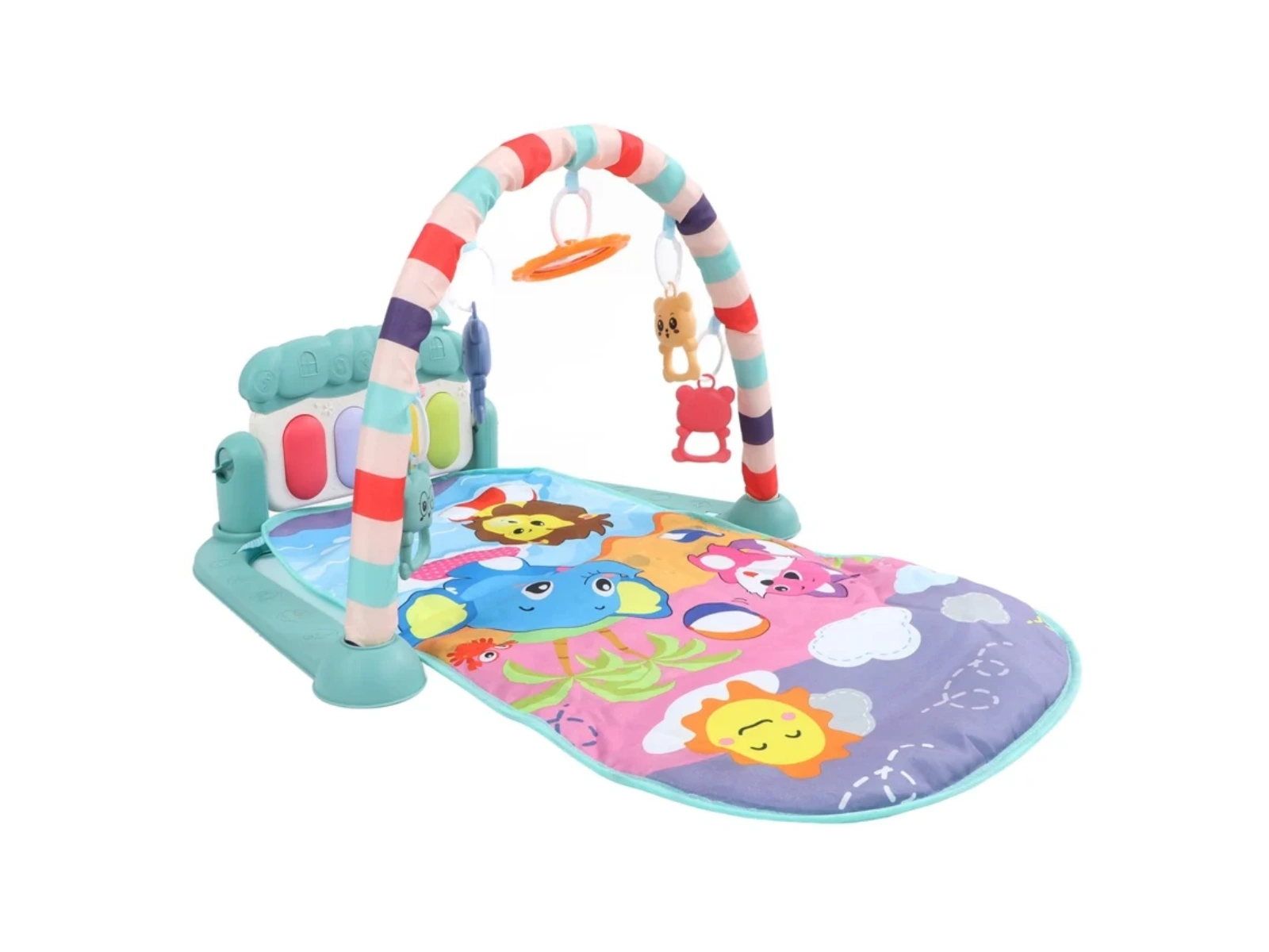 Baby-Spielmatte mit Klavier und bunten Tieren, mit Spielbogen und hängenden Spielzeugen.
