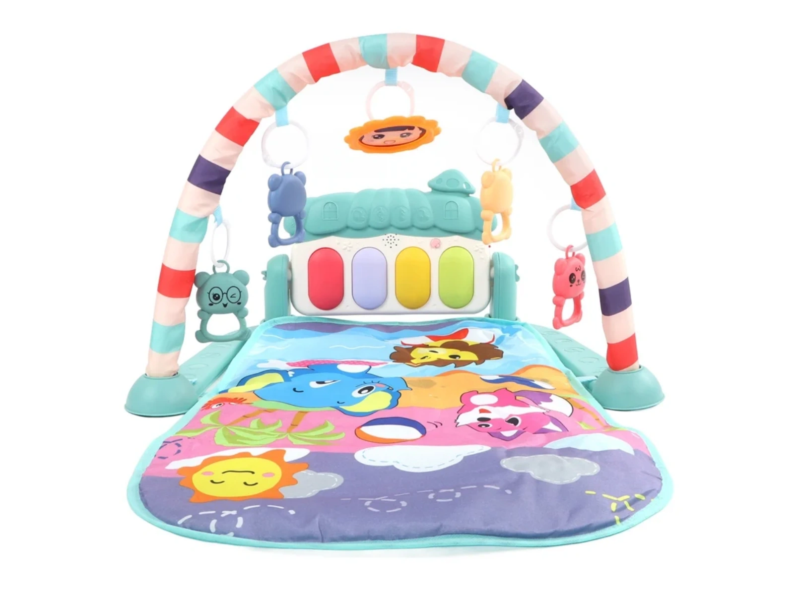 Baby-Spielmatte mit Bogen und hängenden Spielzeugen. Bunt und tierisch.