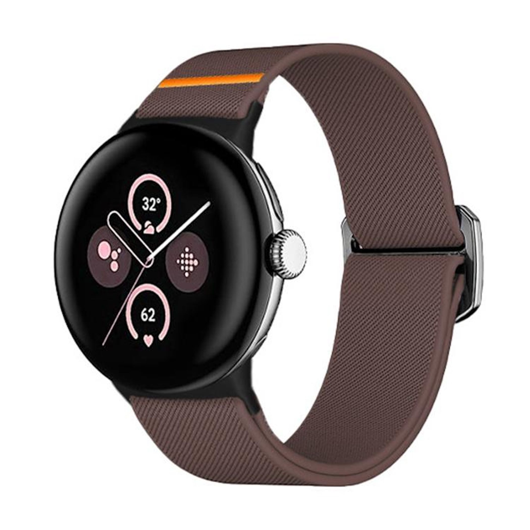 Eine Smartwatch mit braunem Armband und schwarzem Zifferblatt zeigt 32 Grad und 62 an.