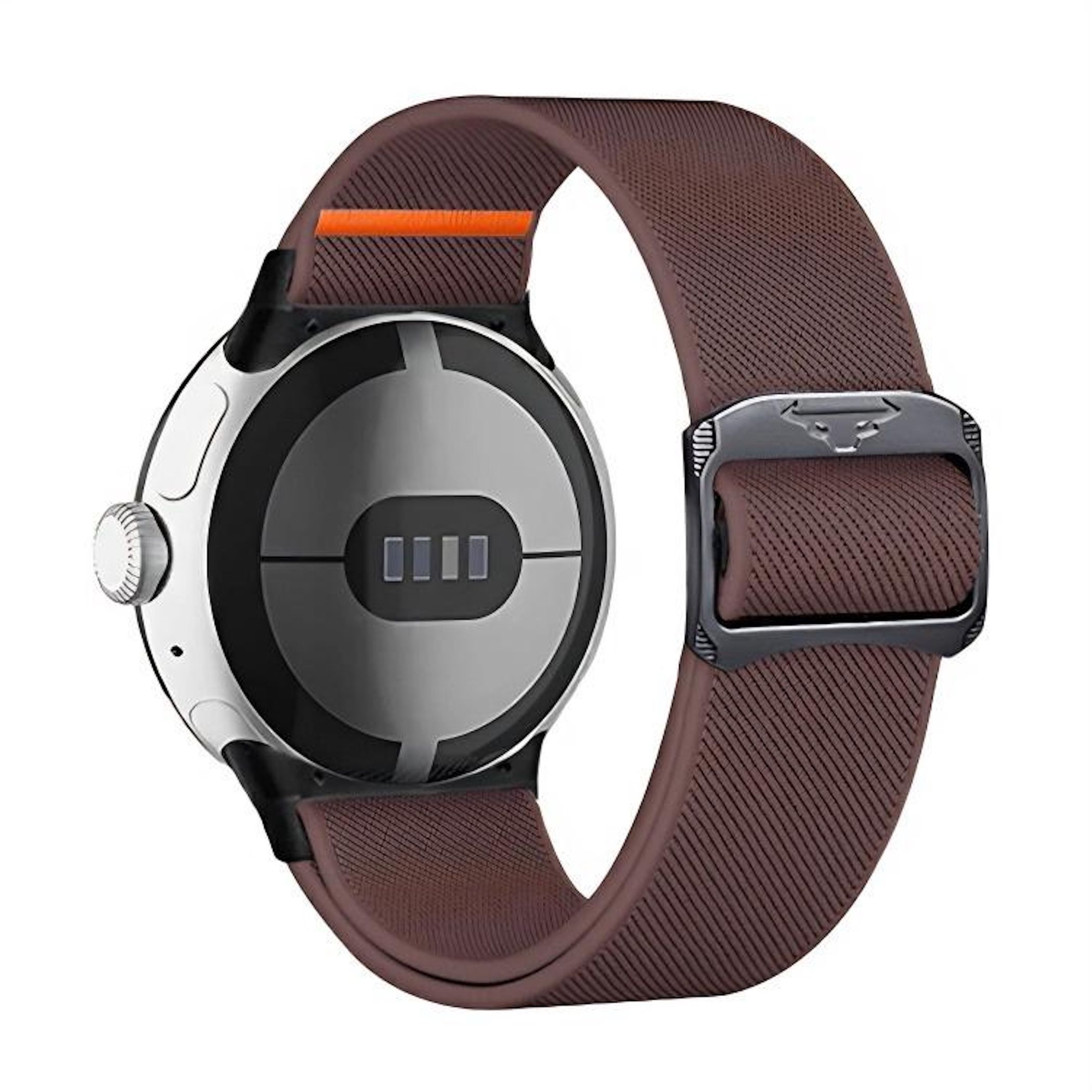 Rückansicht einer silbernen Smartwatch mit braunem Armband und orangem Akzent.