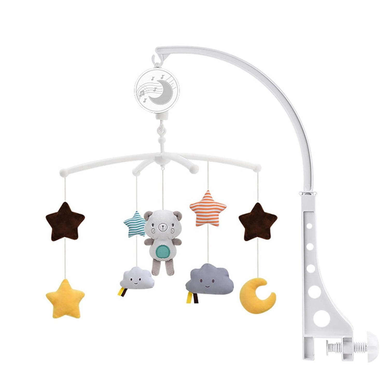 Ein Baby-Mobile mit Teddy, Sternen, Wolken und Mond.